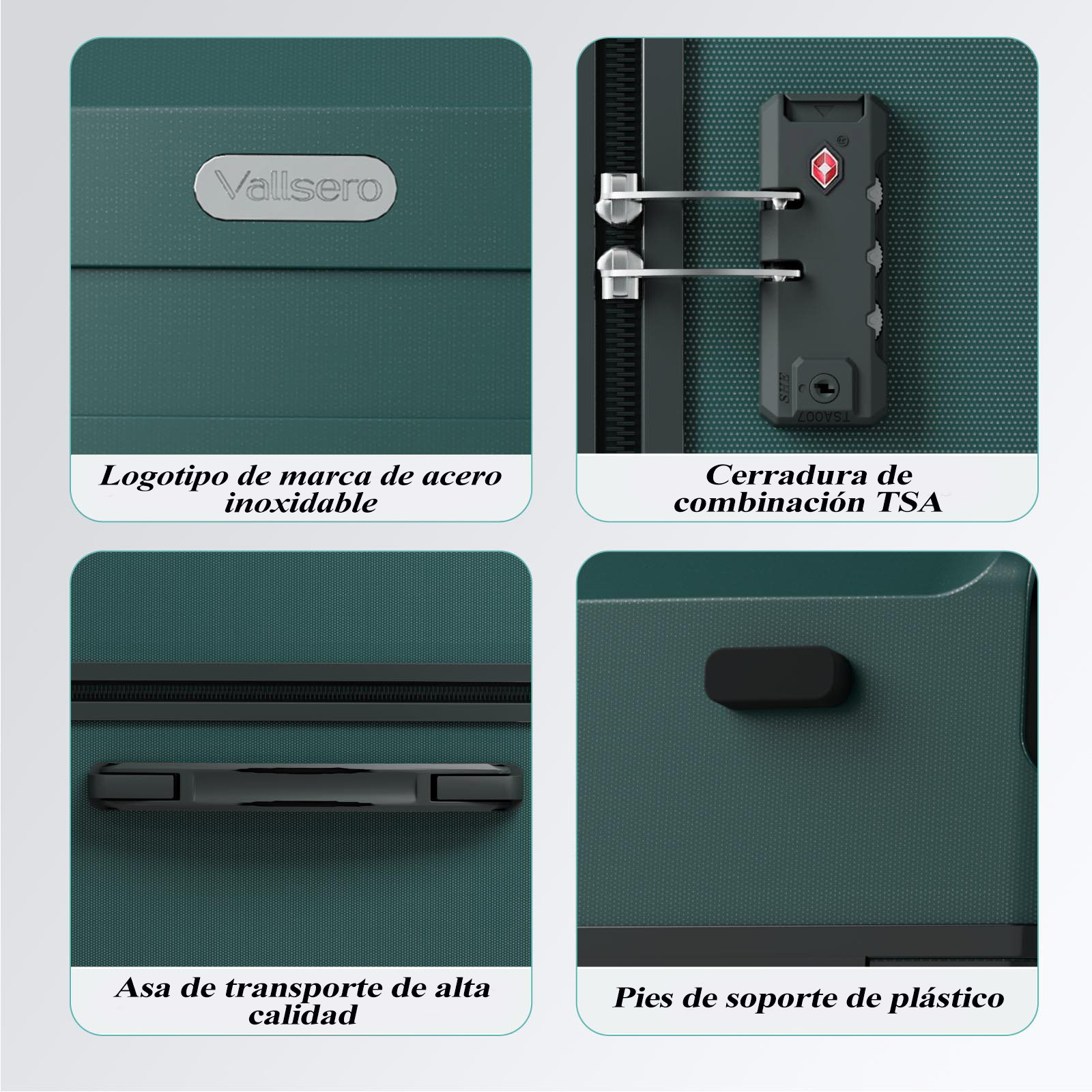 La imagen muestra primeros planos de las características de una maleta verde: logotipo, cerradura, asa y pies. Detalles incluyen cerradura TSA y pies de plástico.