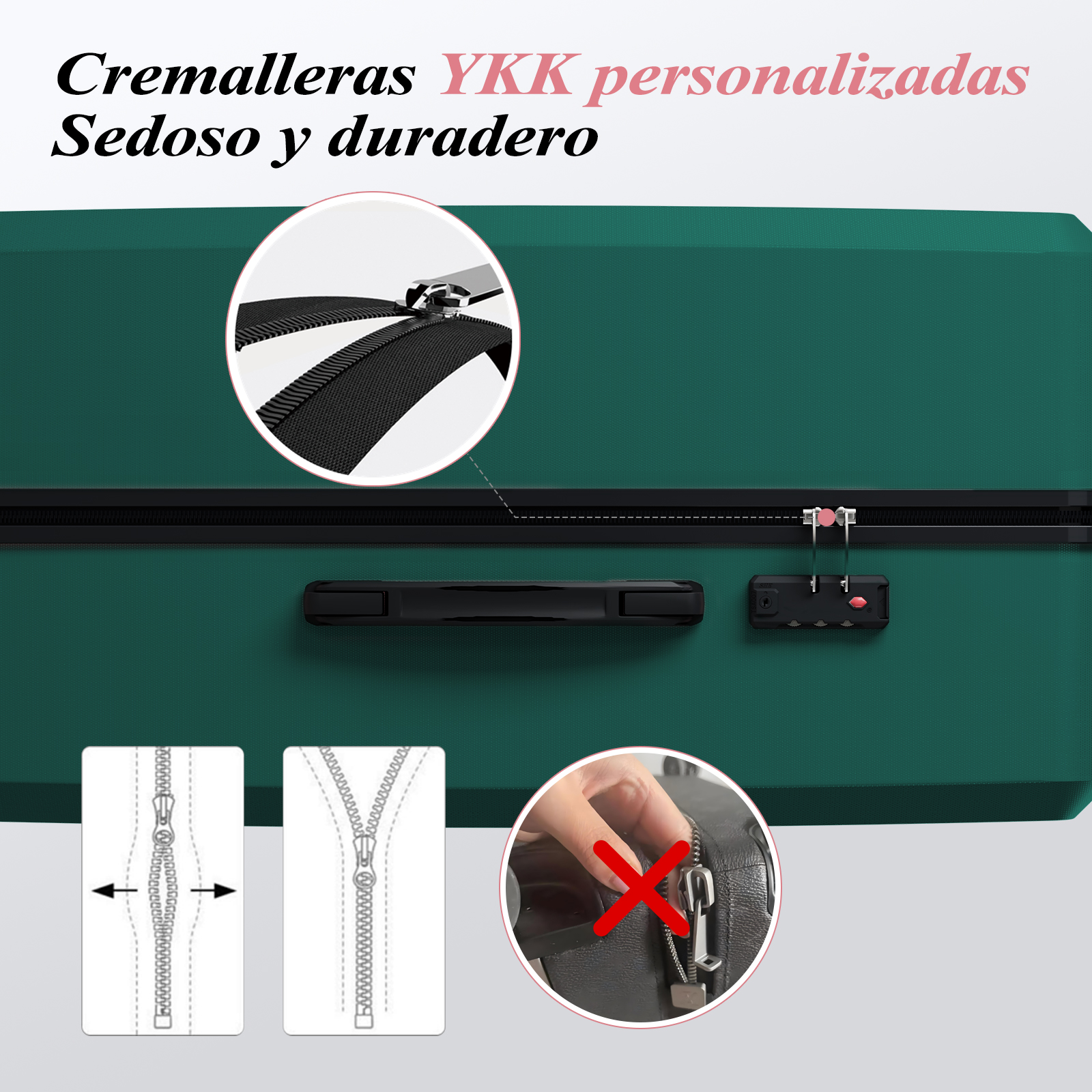 Maleta verde con cremalleras YKK. Primeros planos de la cremallera, el asa y la cerradura. Texto: 'Cremalleras YKK personalizadas Sedoso y duradero'.