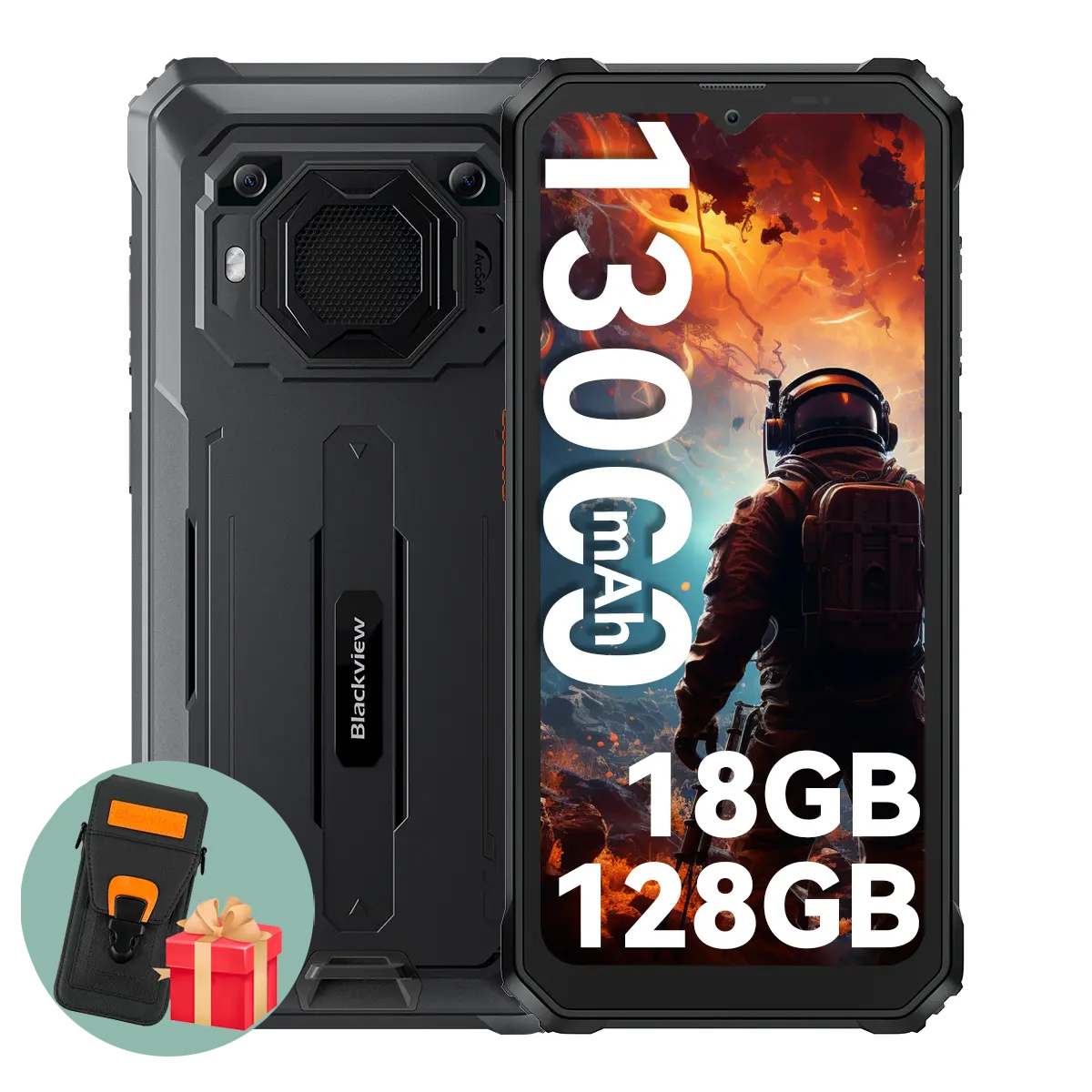 Blackview-Handy. Display zeigt einen Astronauten. Spezifikationen: 13000 mAh, 18 GB RAM, 128 GB Speicher. Enthält Geschenkbox und Handyhülle.