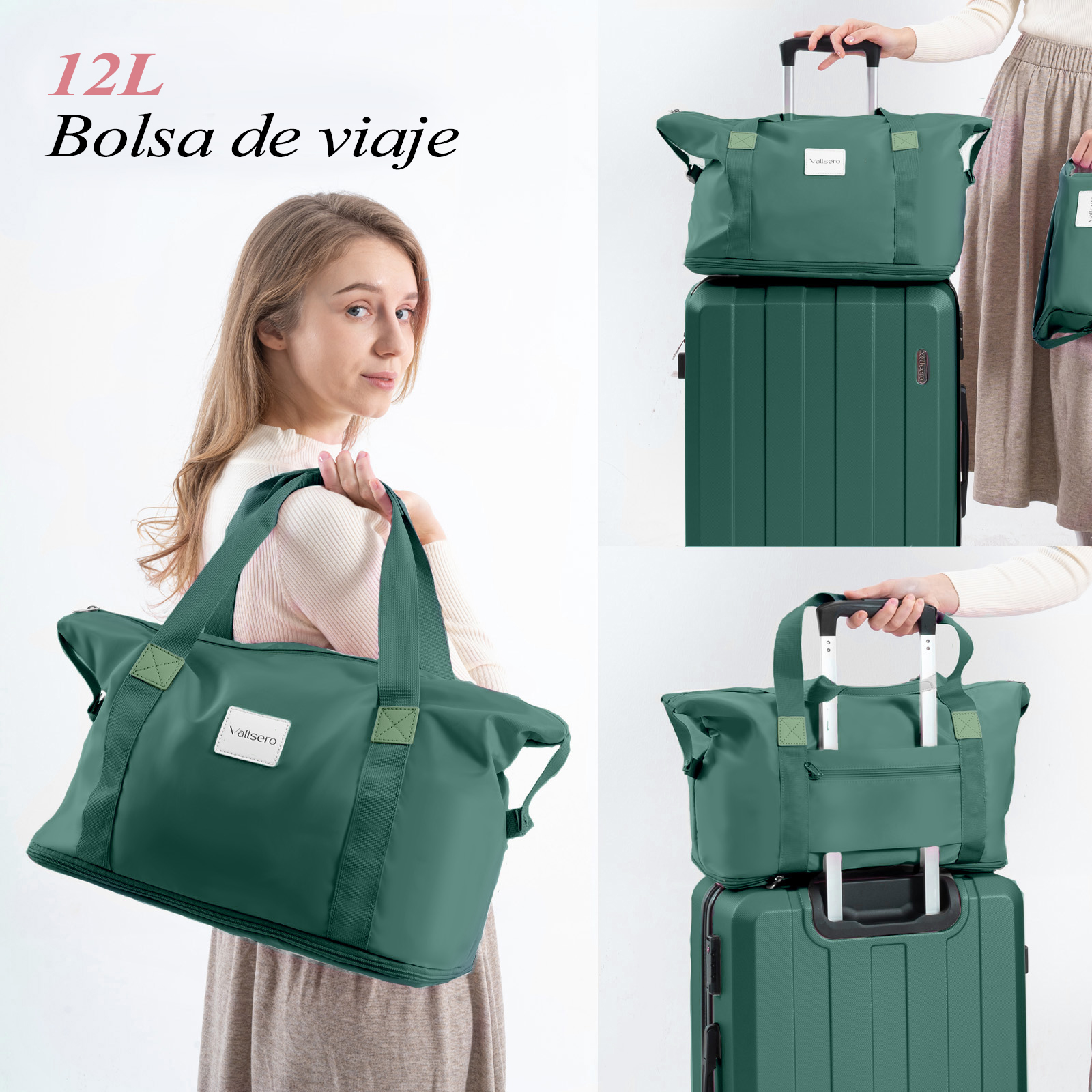 Mujer sosteniendo una bolsa de viaje verde azulado, con equipaje a juego. El texto dice '12L Bolsa de viaje'.
