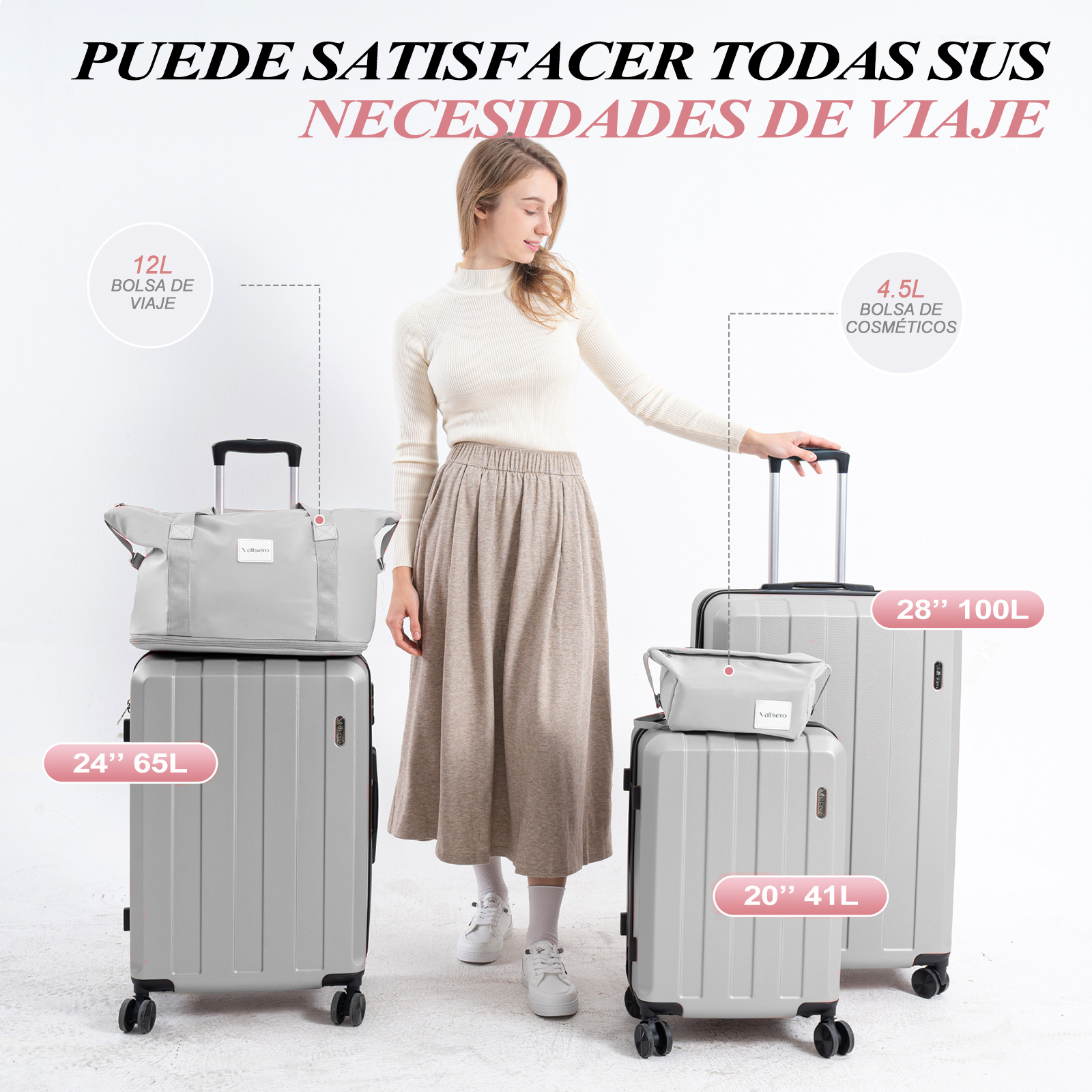 Mujer con equipaje. Se muestran maletas y bolsos grises de varios tamaños. Texto: 'Puede satisfacer todas sus necesidades de viaje'.