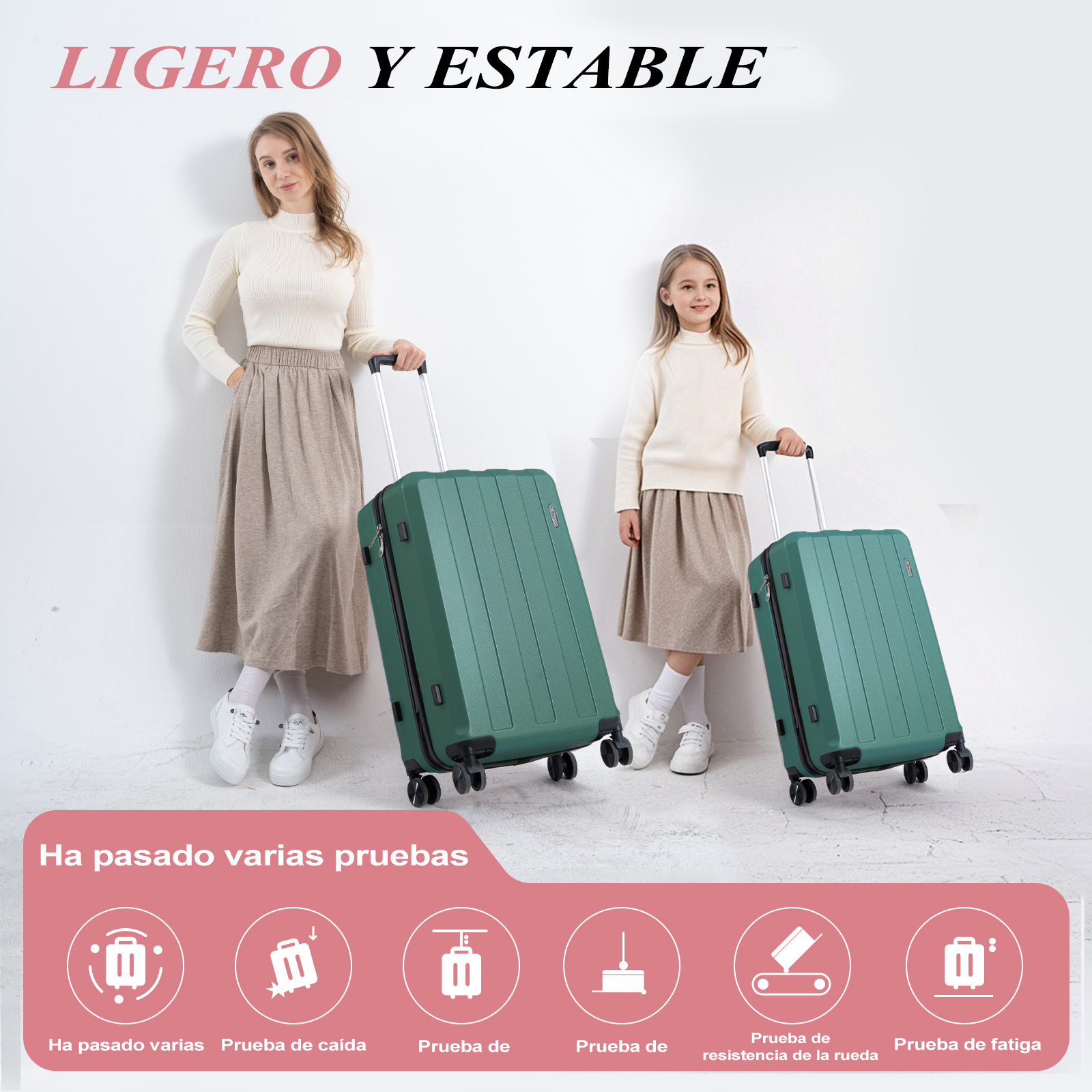 Una mujer y una niña posan con maletas verdes. El texto superior dice 'LIGERO Y ESTABLE'. Abajo, iconos de pruebas.
