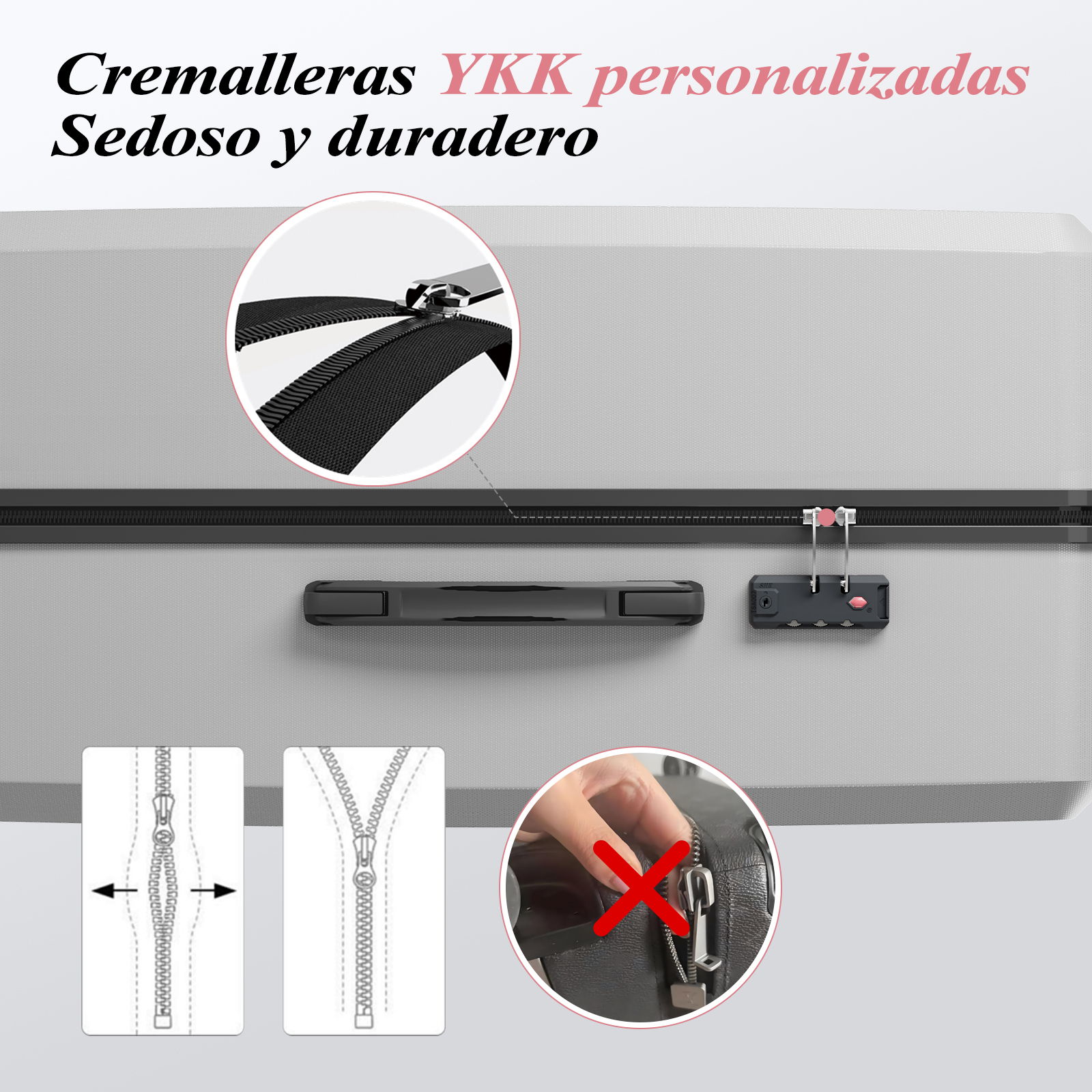 Maleta gris con cremallera negra. Detalles incluyen asa, cerradura y diagramas de cremalleras.