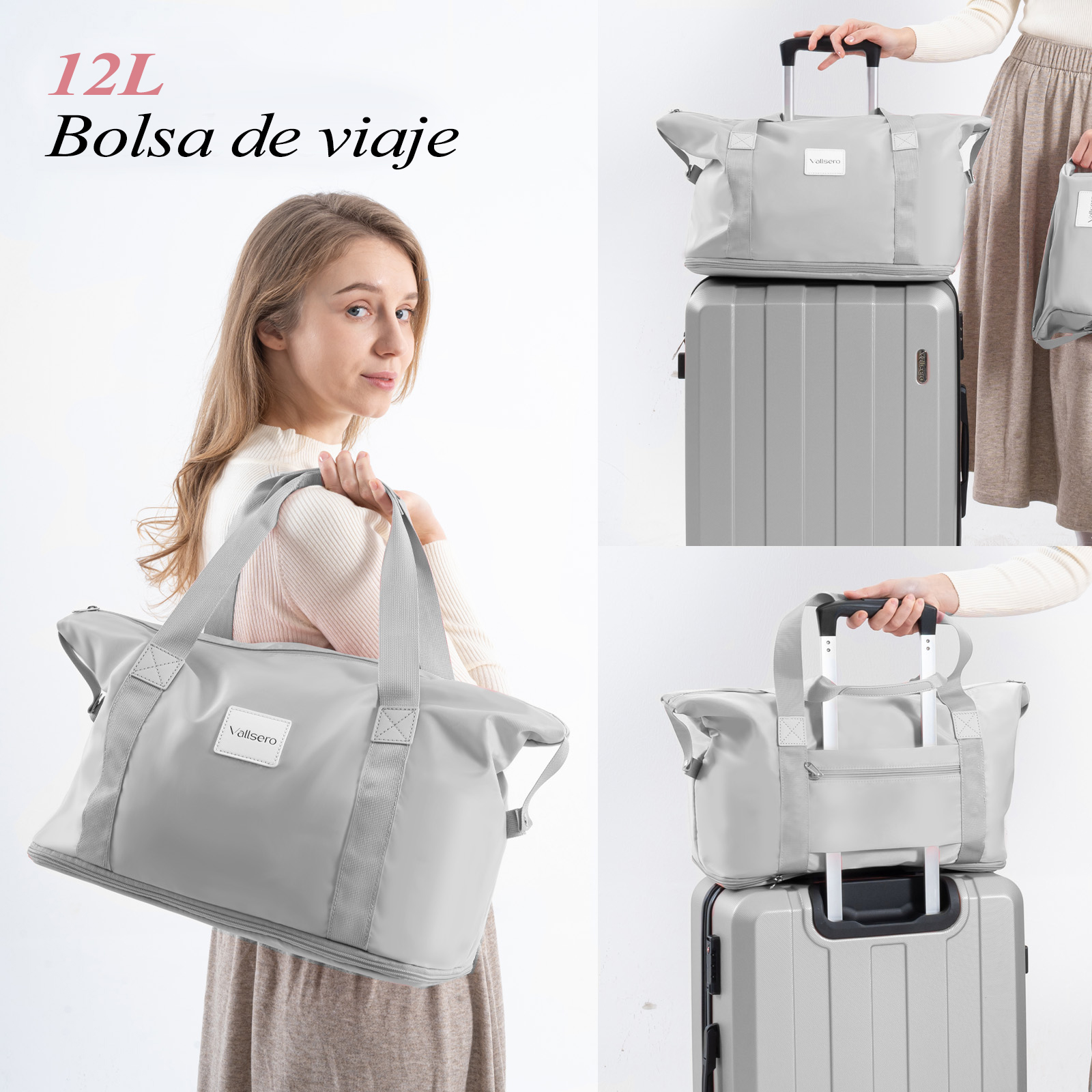 Mujer con bolso, maleta y equipaje. Predominan los tonos grises. El bolso tiene el logo 'Vollsere'.