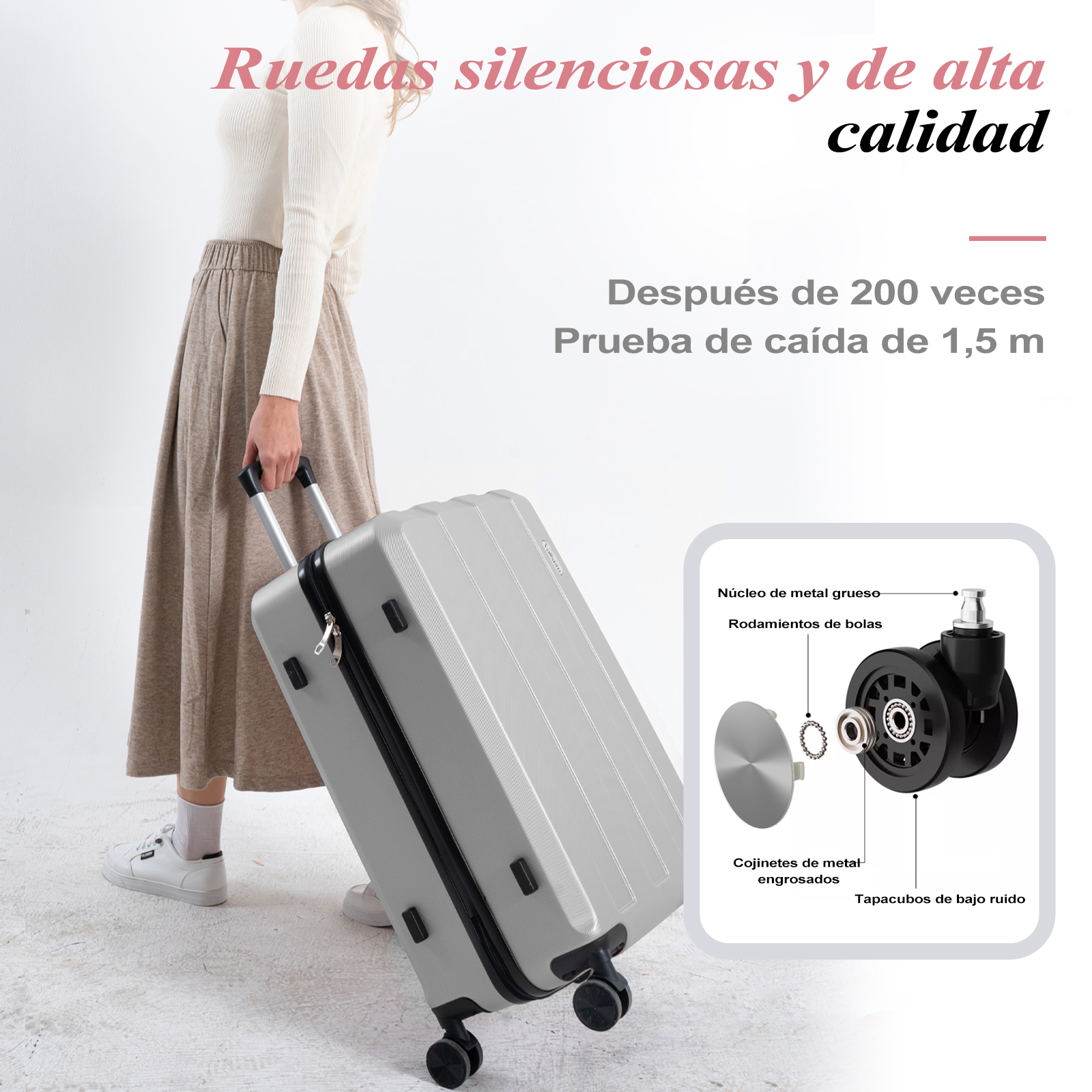 Una persona con una maleta. La maleta es gris y la persona lleva un jersey blanco y una falda.
