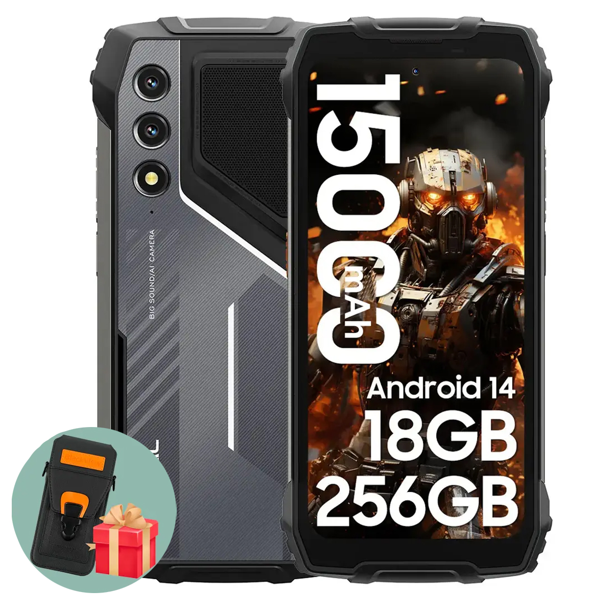 Smartphone robusto con schermo robot, capacità batteria 15000 mAh, Android 14, 18 GB RAM e 256 GB di memoria.