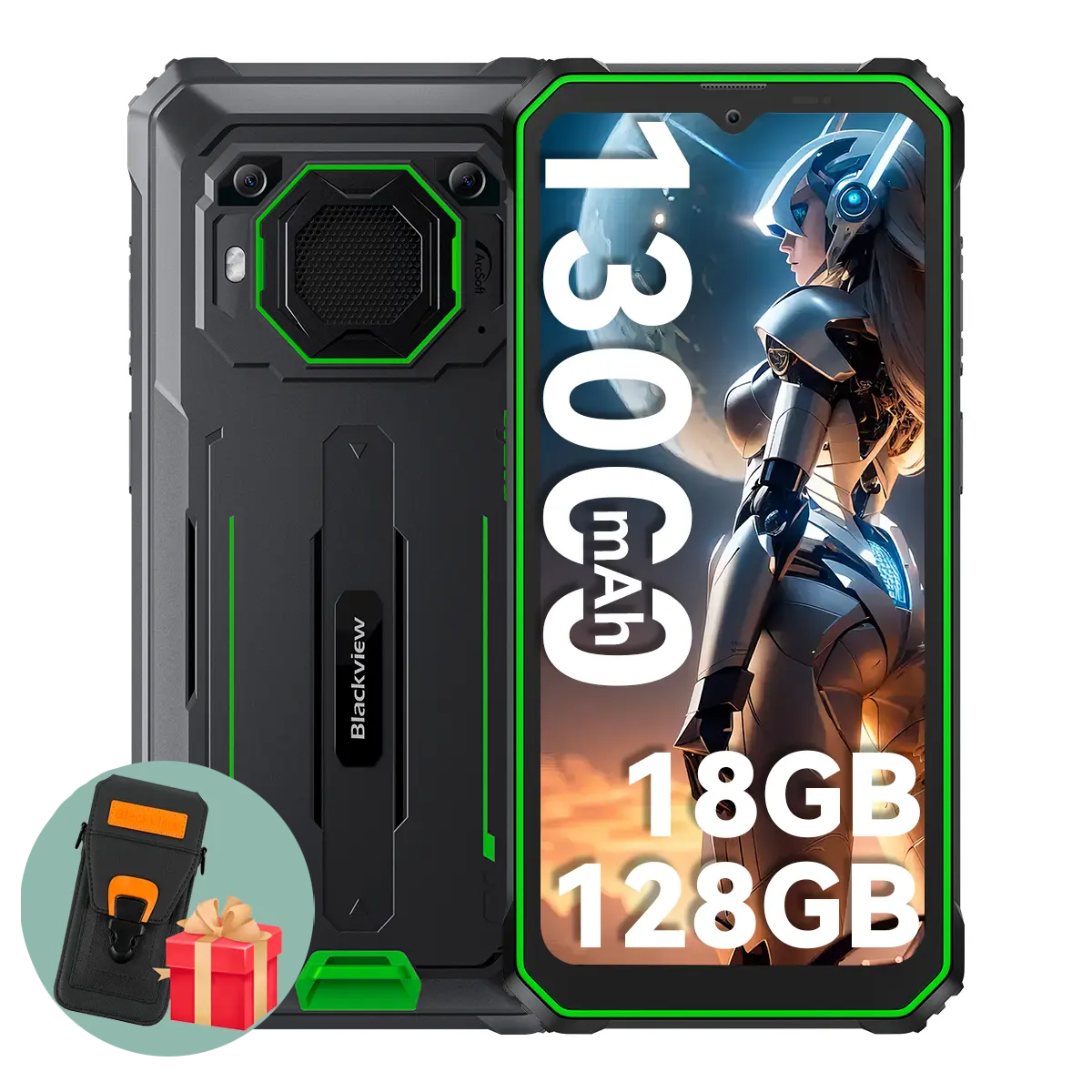 Blackview-Handy mit futuristisch gerüsteter Frau auf dem Bildschirm. Merkmale: 13000mAh, 18GB und 128GB. Zubehör: Etui, Geschenkbox.