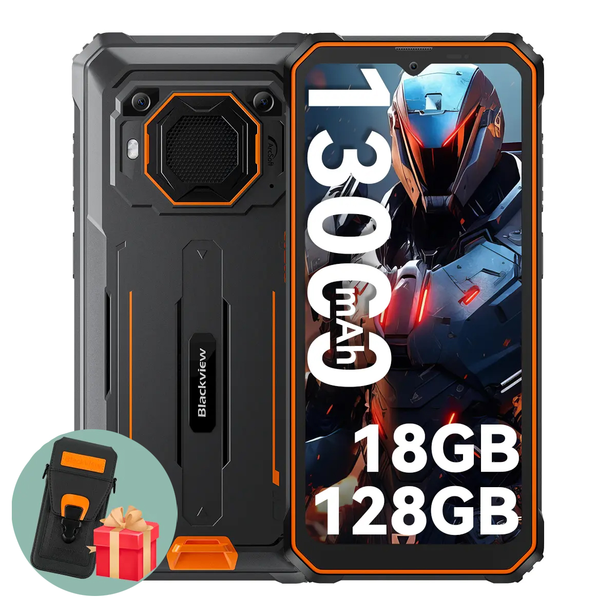 Robustes Blackview-Smartphone. Merkmale sind 13000 mAh, 18 GB RAM und 128 GB Speicher. Inklusive Hülle und Geschenkbox.