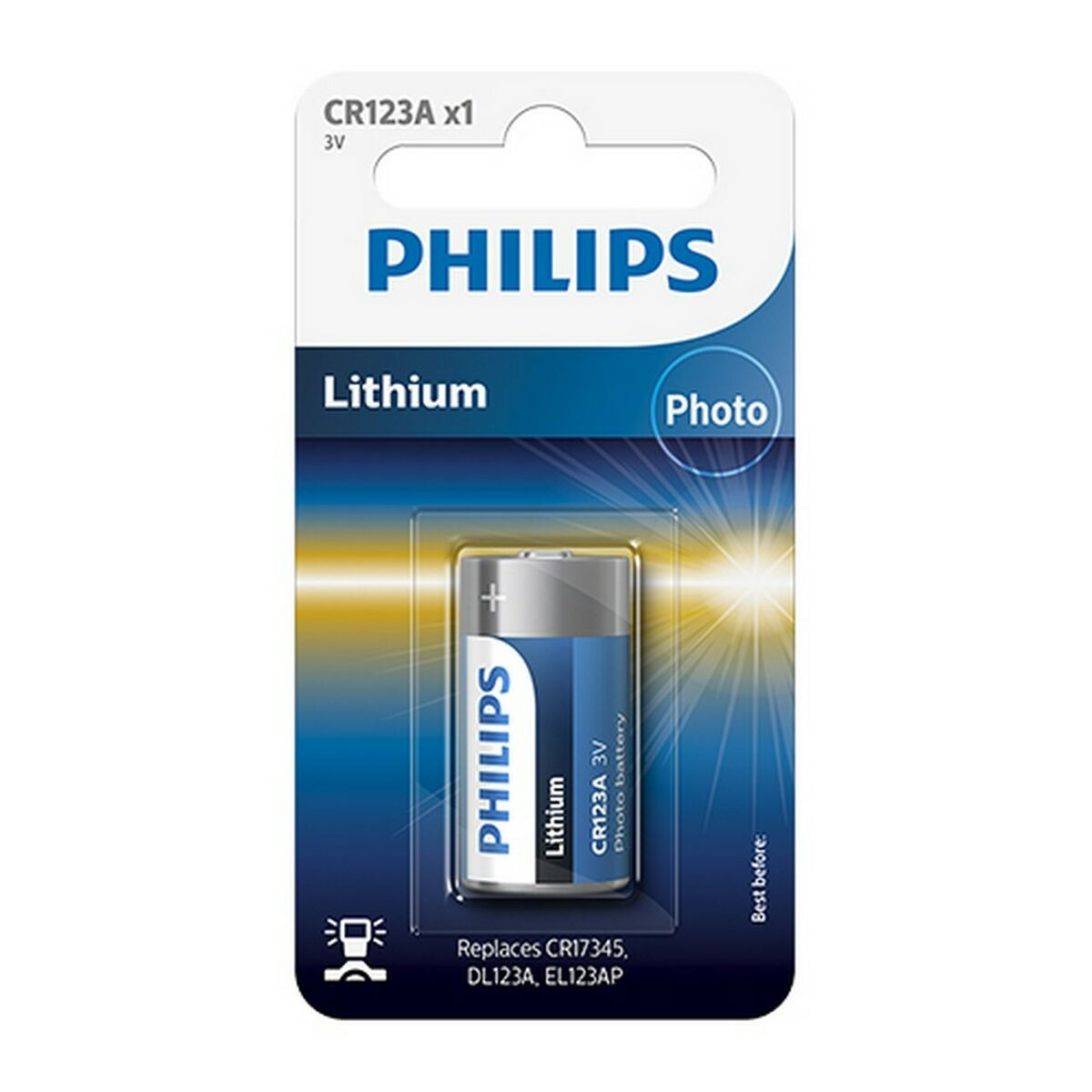 Un pacco batteria foto al litio Philips CR123A da 3V. La confezione è bianca e blu, con la batteria visibile al centro.