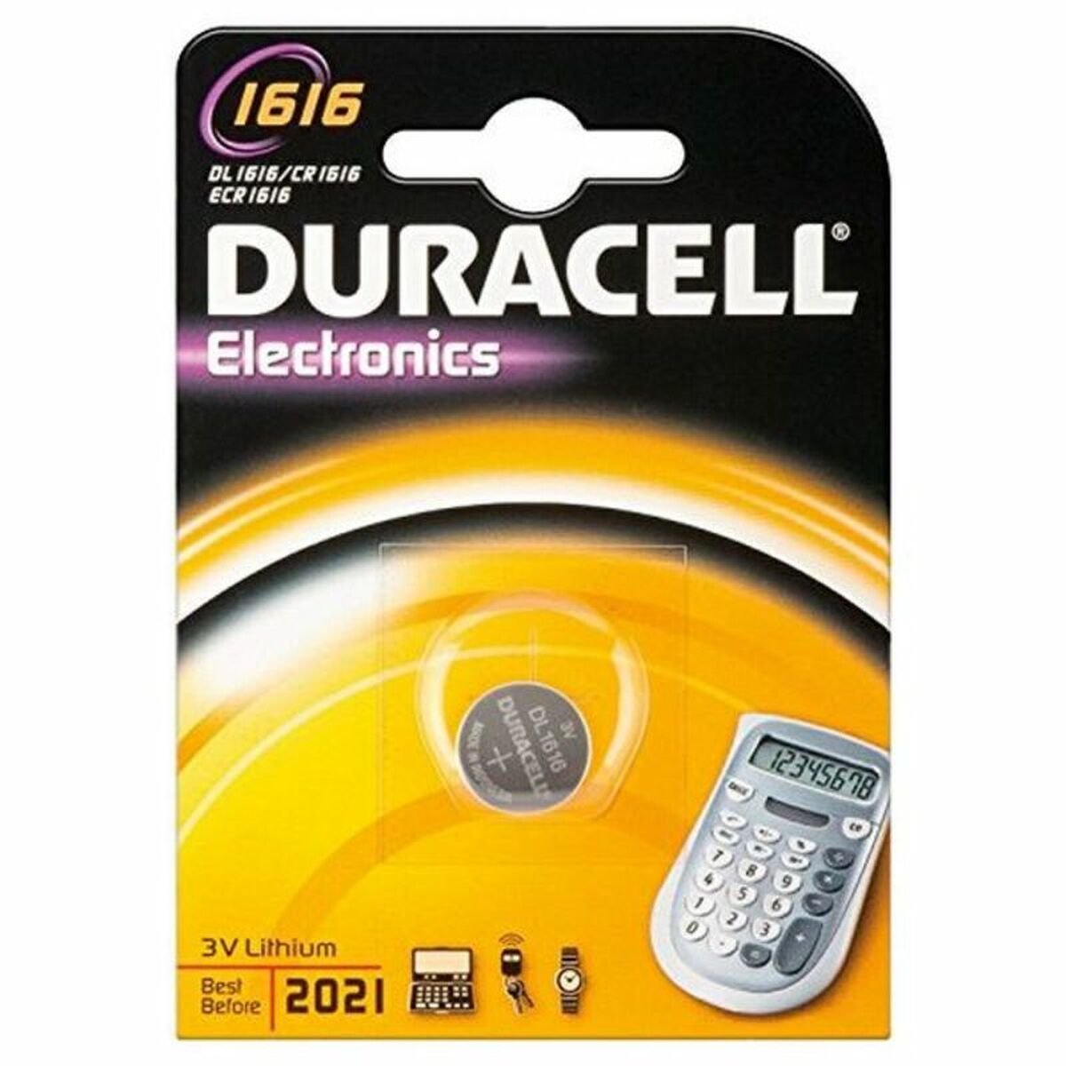 Duracell Electronics Batterieverpackung. Enthält einen Taschenrechner und eine 3V-Lithiumbatterie. Die Packung ist gelb und schwarz, mit Text und Datum.