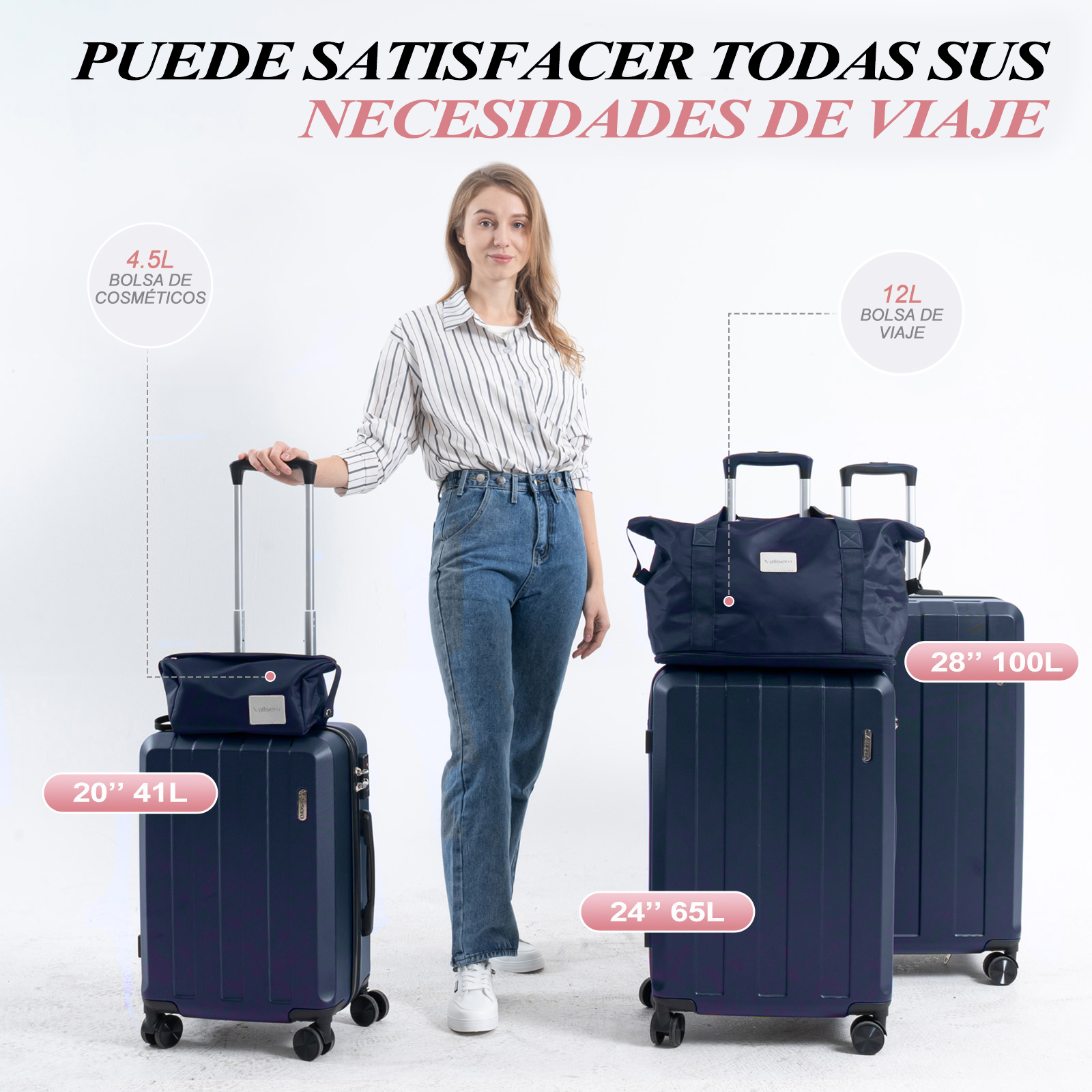 Una mujer está junto a tres maletas azul marino. Una tiene una bolsa de cosméticos encima. El texto dice 'puede satisfacer todas sus necesidades de viaje'.