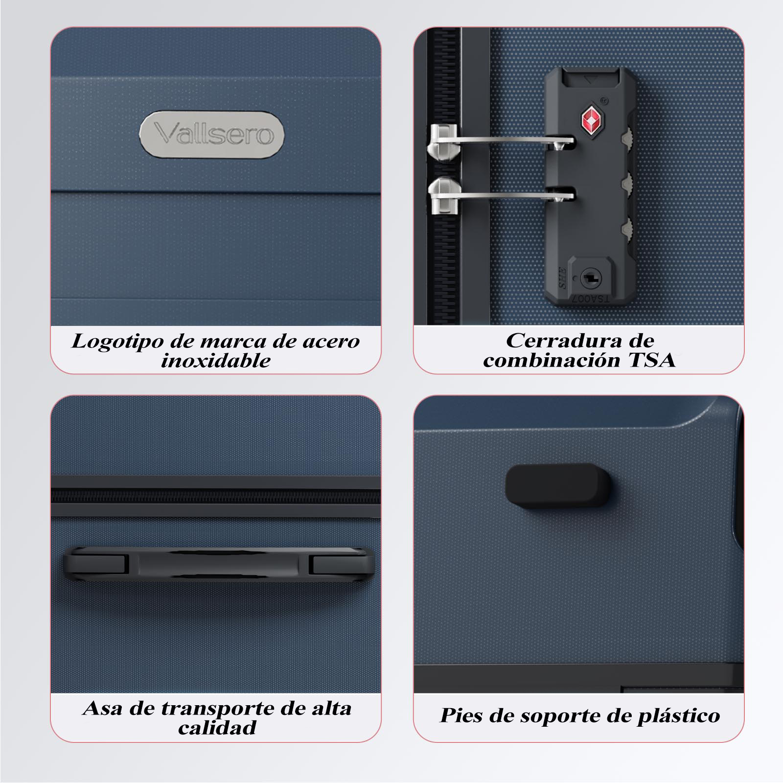 Imagen muestra detalles de equipaje: logo, cerradura TSA, asa y patas de plástico, todo en una maleta azul.