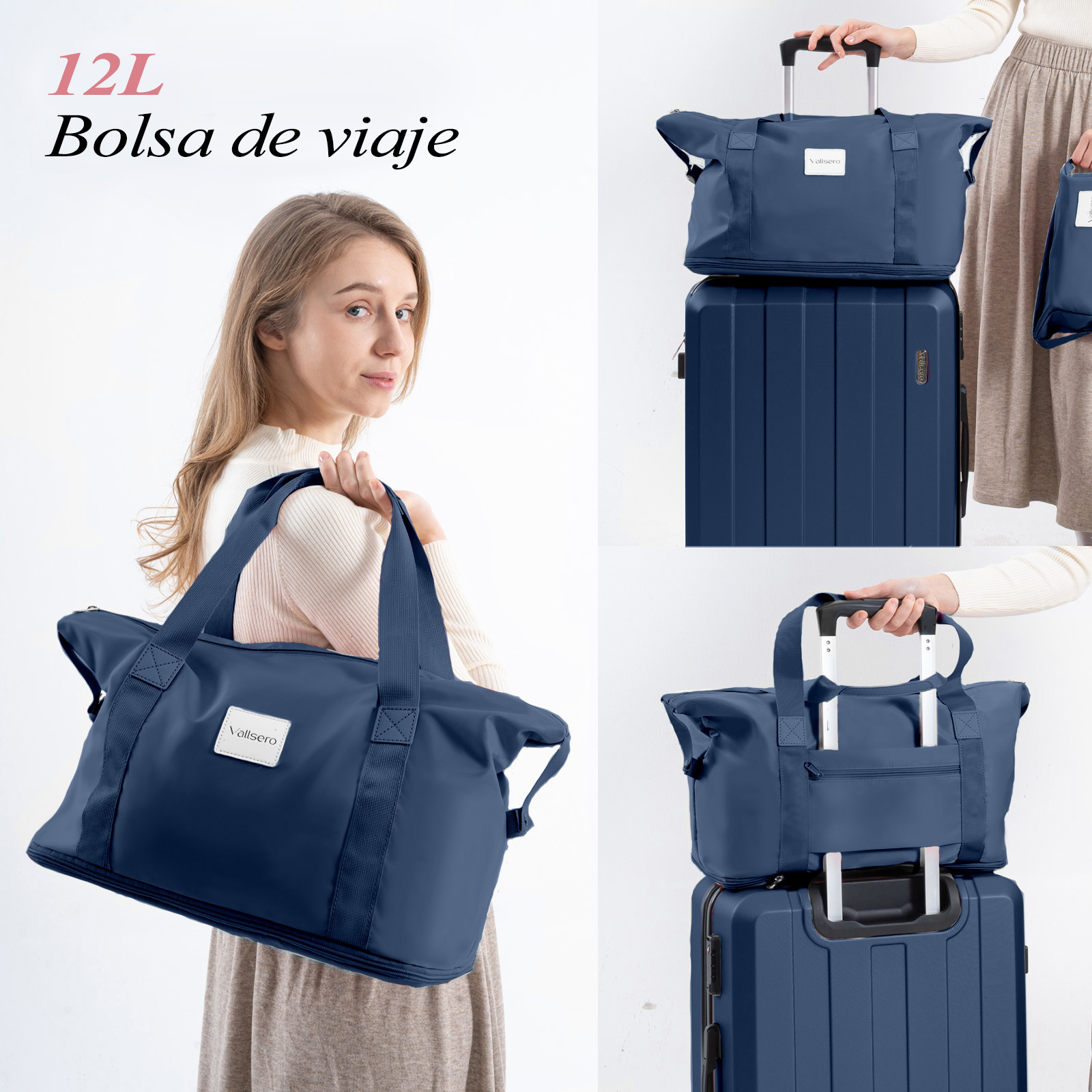 Mujer sosteniendo una bolsa de viaje azul, con un juego de maleta y bolso cerca. Texto: 12L Bolsa de viaje.