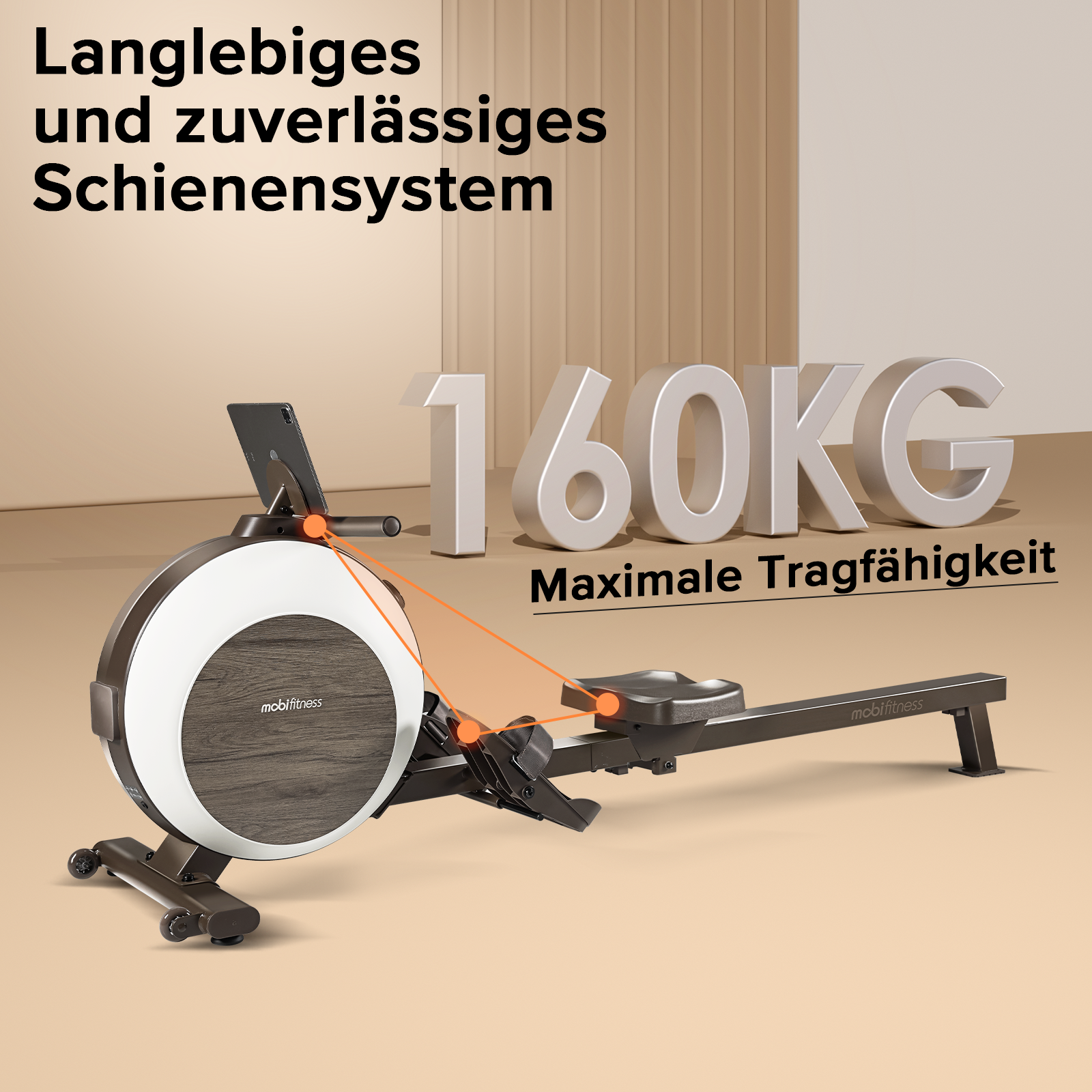 Rudergerät mit Digitalanzeige. Es hat ein braunes und weißes Rad. Text sagt: 160KG. Der Hintergrund ist beige.