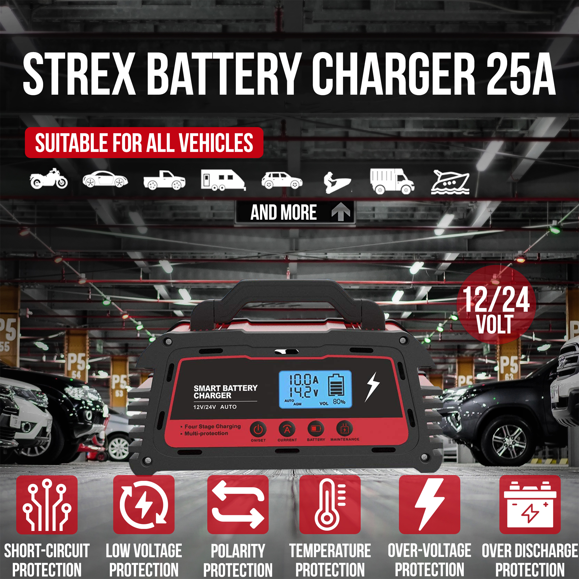 Un chargeur de batterie STREX noir et rouge. Il comporte un affichage numérique et des icônes indiquant les fonctions de protection. Arrière-plan : voitures dans un garage.