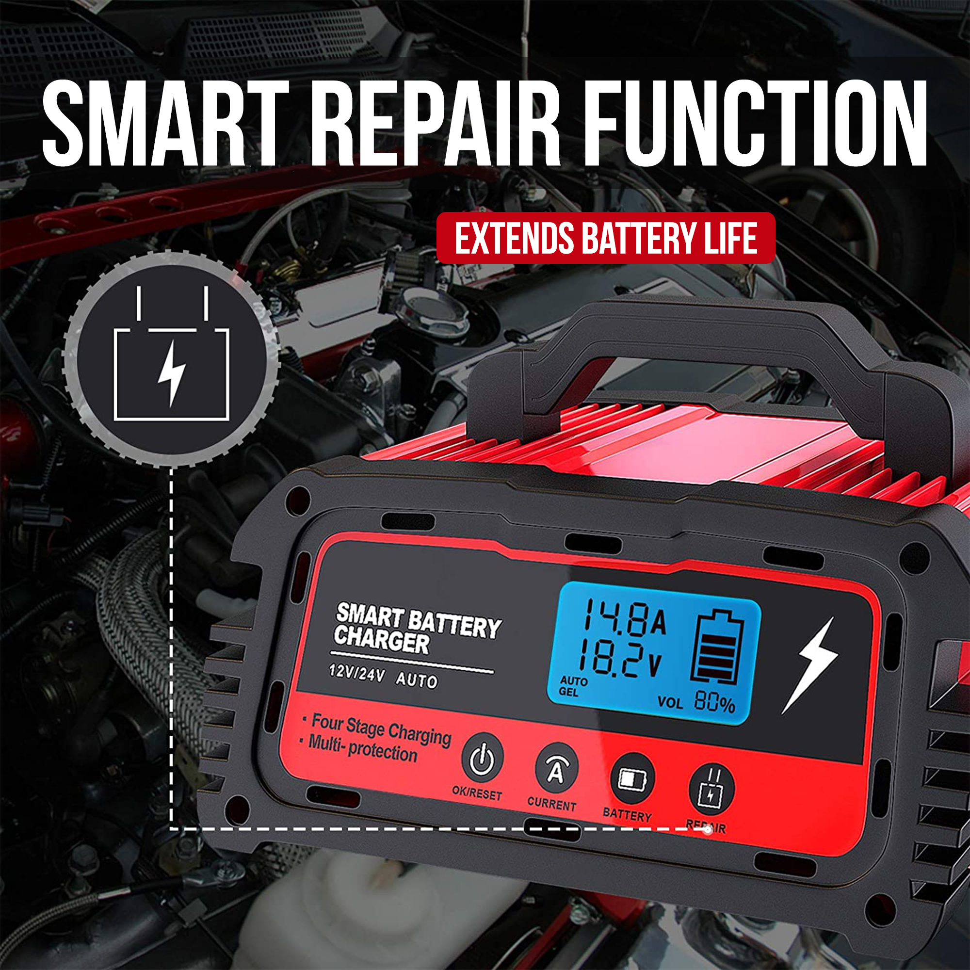 Un chargeur de batterie avec un affichage numérique indiquant la tension et le niveau de charge. Il est rouge et noir.