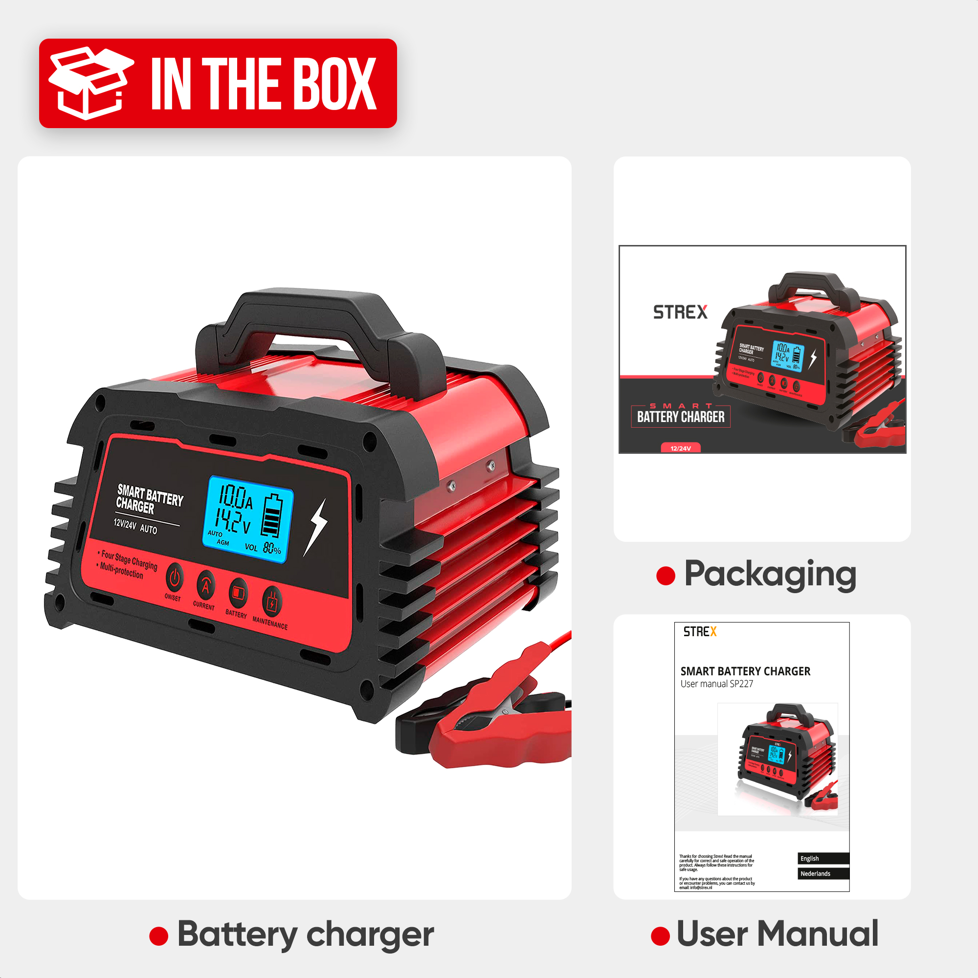 Un chargeur de batterie rouge et noir, avec un affichage numérique. L'emballage et le manuel d'utilisation sont également affichés.