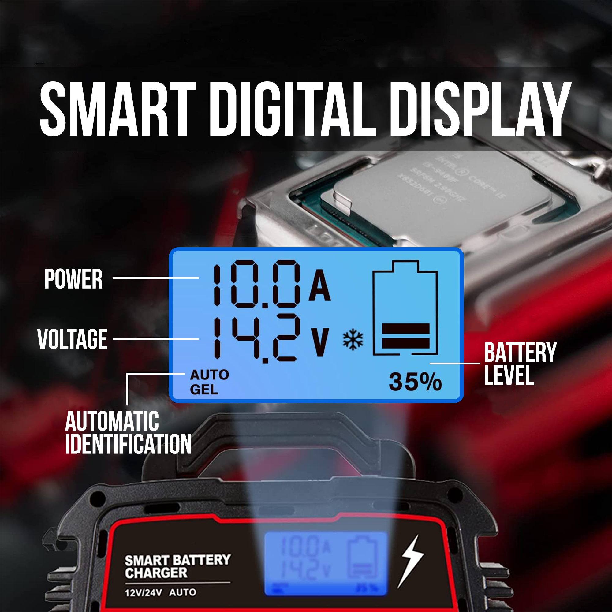 Un écran numérique affiche la puissance, la tension et le niveau de la batterie d'un chargeur de batterie intelligent. Le chargeur est noir et rouge.