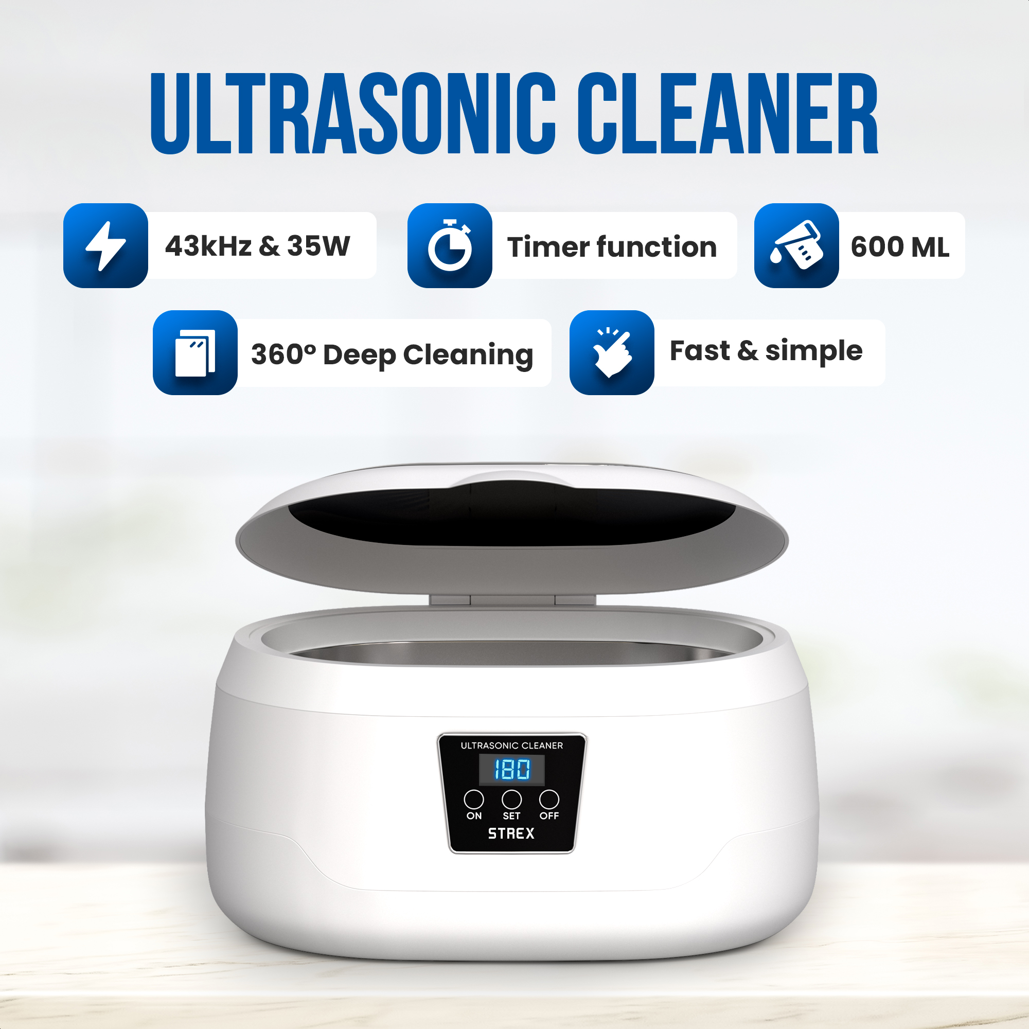 Witte ultrasone reiniger met open deksel, display en pictogrammen die functies zoals timer en reinigingscapaciteit aangeven.