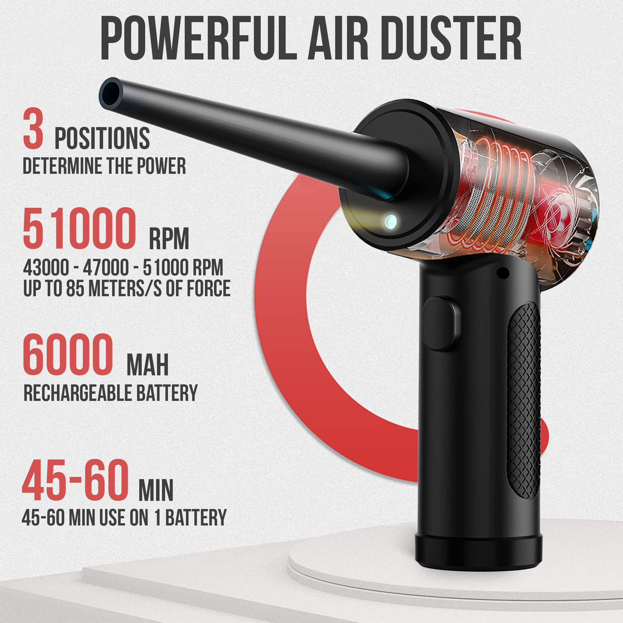 Un dépoussiéreur à air avec spécifications: 3 positions, 51000 RPM, batterie 6000 mAh et utilisation 45-60 min.