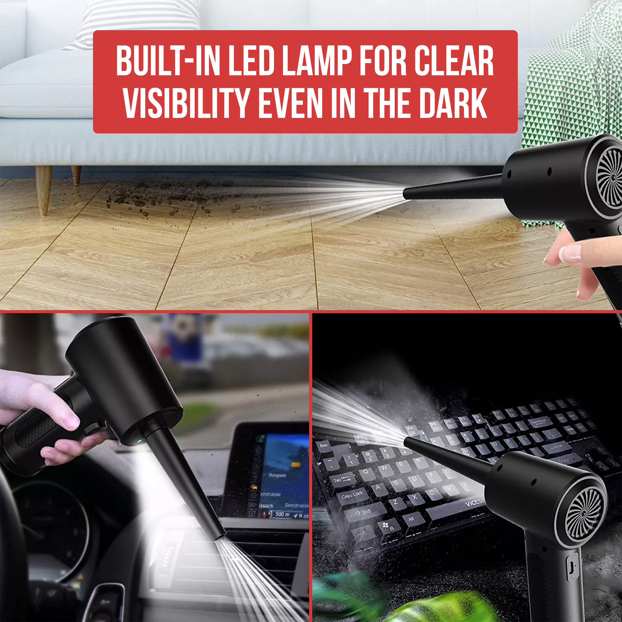 Souffleur d'air noir nettoyant des surfaces. Exemples: sol, intérieur de voiture, clavier, soulignant LED.