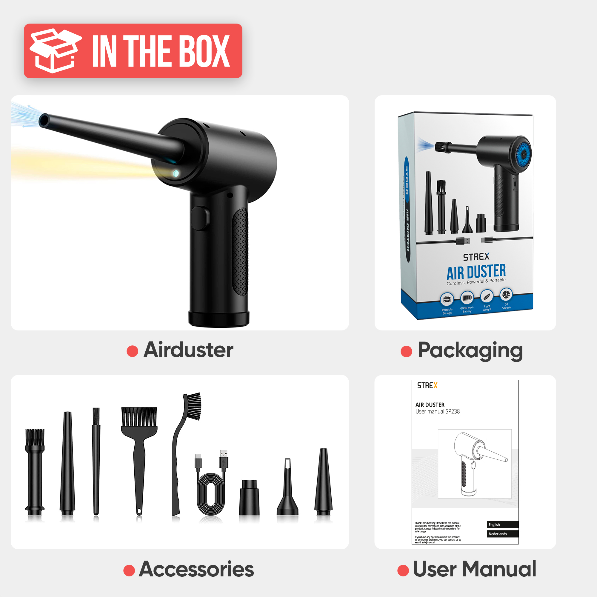 L'image montre un dépoussiéreur à air et des accessoires. La boîte indique 'in the box'. L'emballage, les accessoires et le manuel d'utilisation sont affichés.