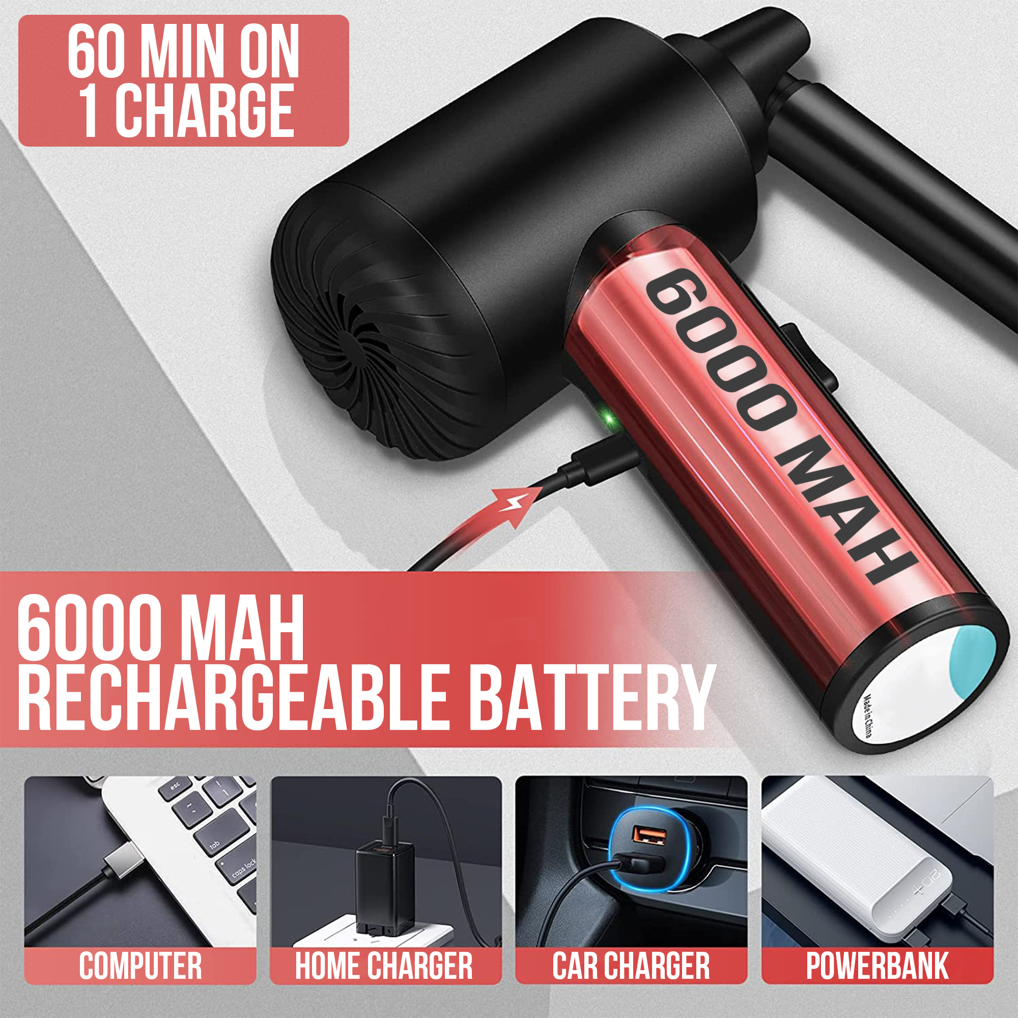 L'image montre un appareil noir avec une batterie rouge de 6000 MAH. Elle comprend des icônes pour ordinateur, maison, voiture et banque d'alimentation.
