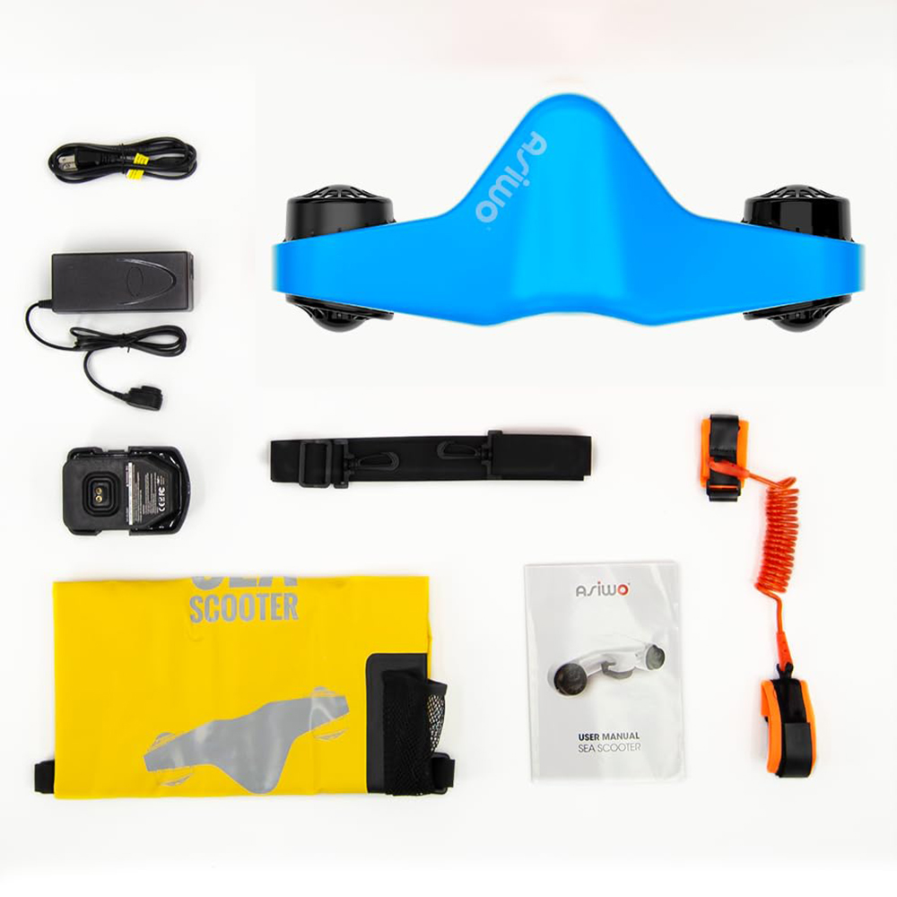 Blue and black sea scooter with accessories like charger, leash, yellow bag, and manual, all on a white surface.
