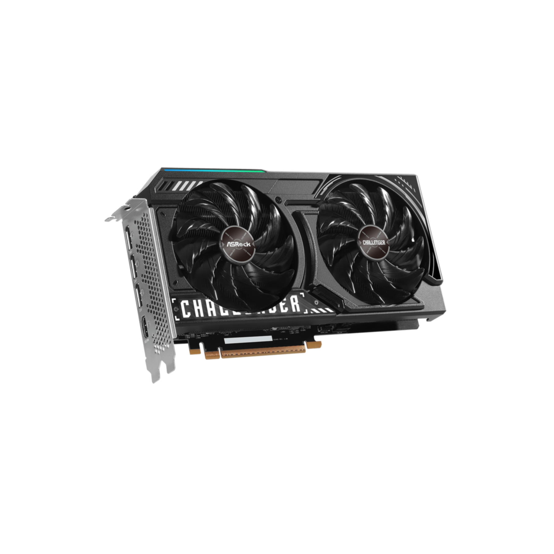 Czarna i srebrna karta graficzna z dwoma wentylatorami. Widoczne marki 'ASRock' i 'Challenger'.