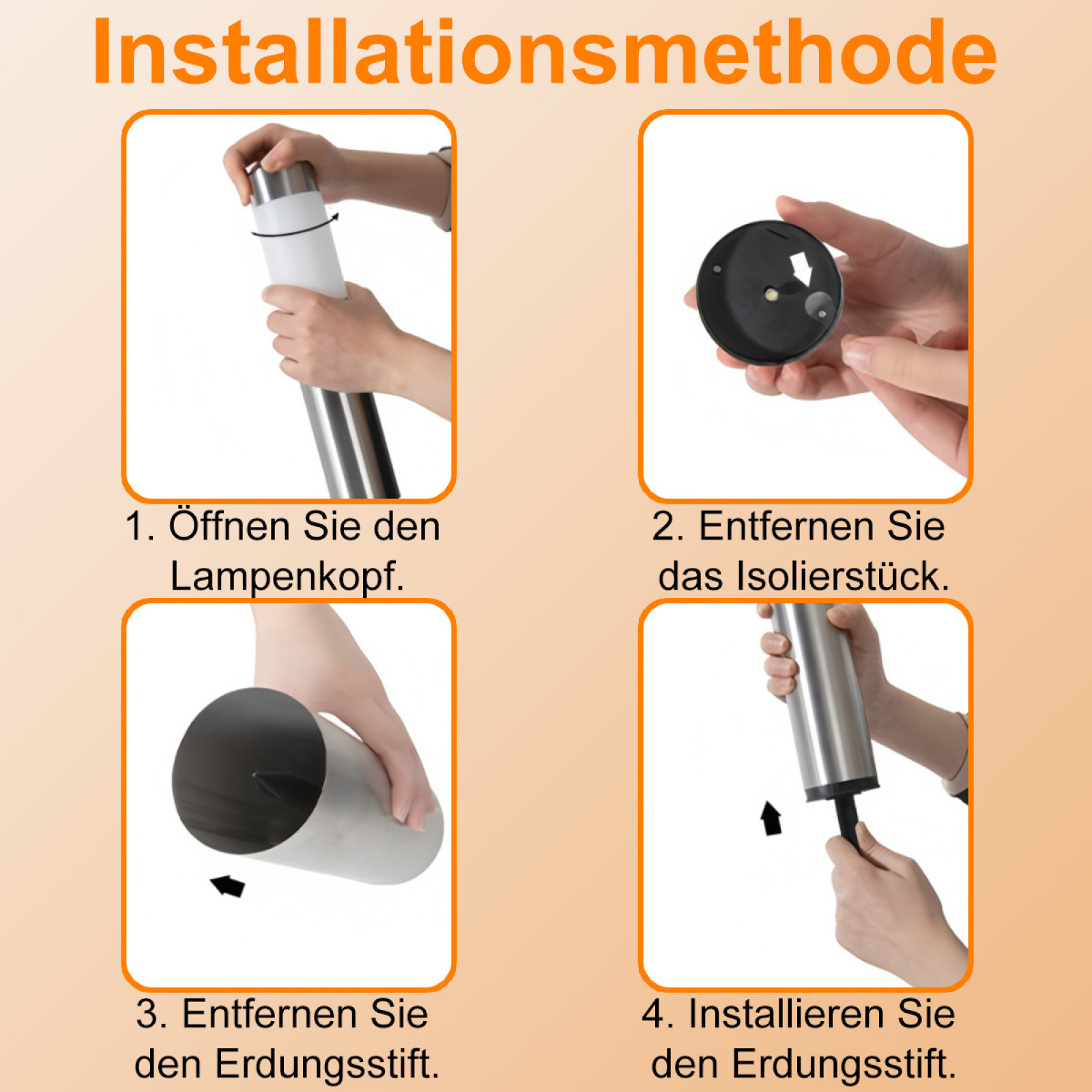 Anweisungen: Lampenkopf öffnen, Isolator entfernen, Erdungsstift entfernen, Erdungsstift installieren. Hände manipulieren Lampenteile.
