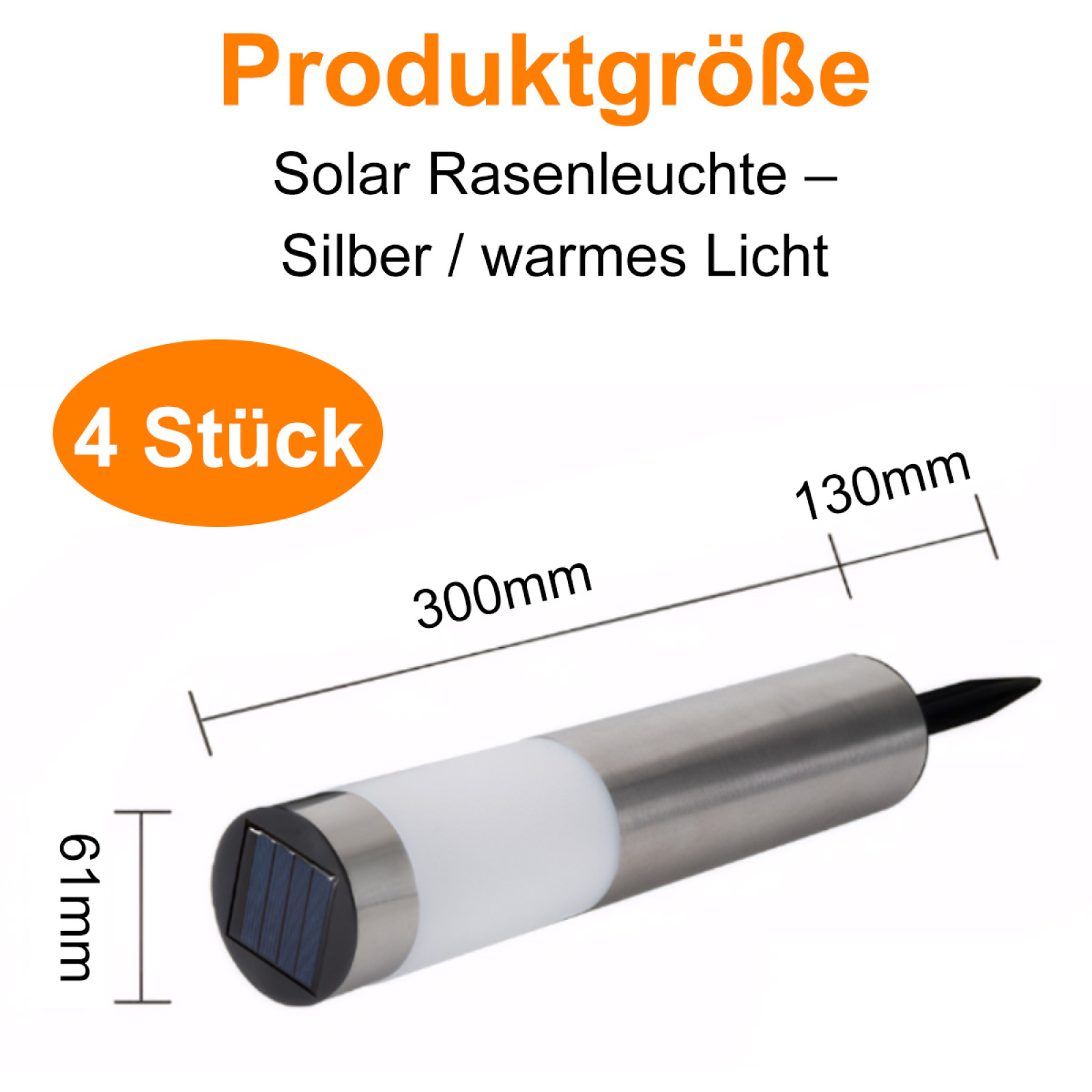 Eine Solar-Gartenleuchte mit Maßen und Text auf Deutsch. Die Leuchte ist silberfarben mit weißem Oberteil und schwarzem Dorn.