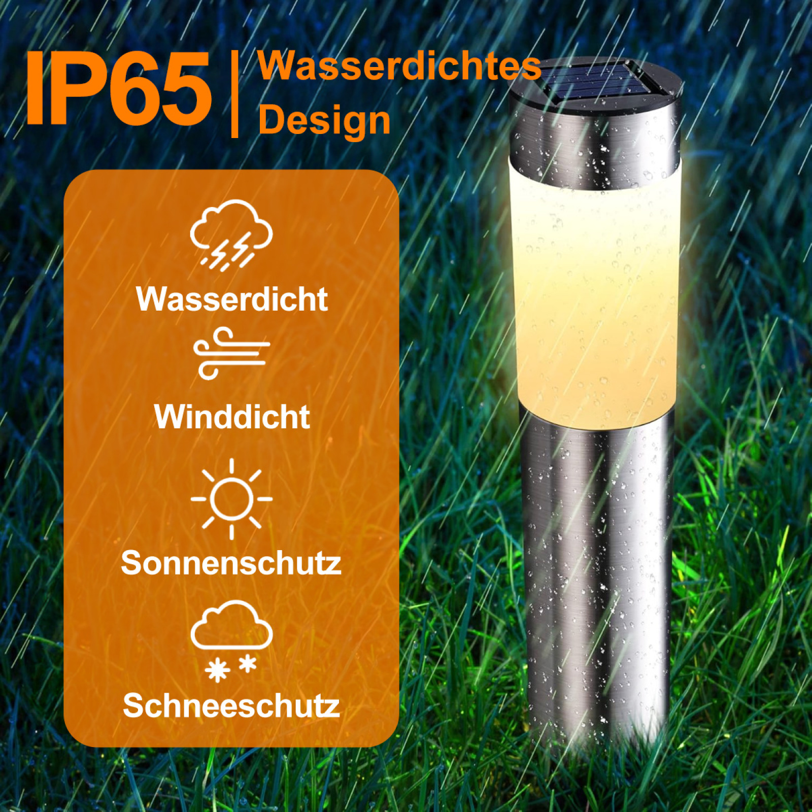 Eine Solar-Gartenleuchte steht im Gras; es regnet. Eigenschaften sind wasserdicht, winddicht und schneesicher.
