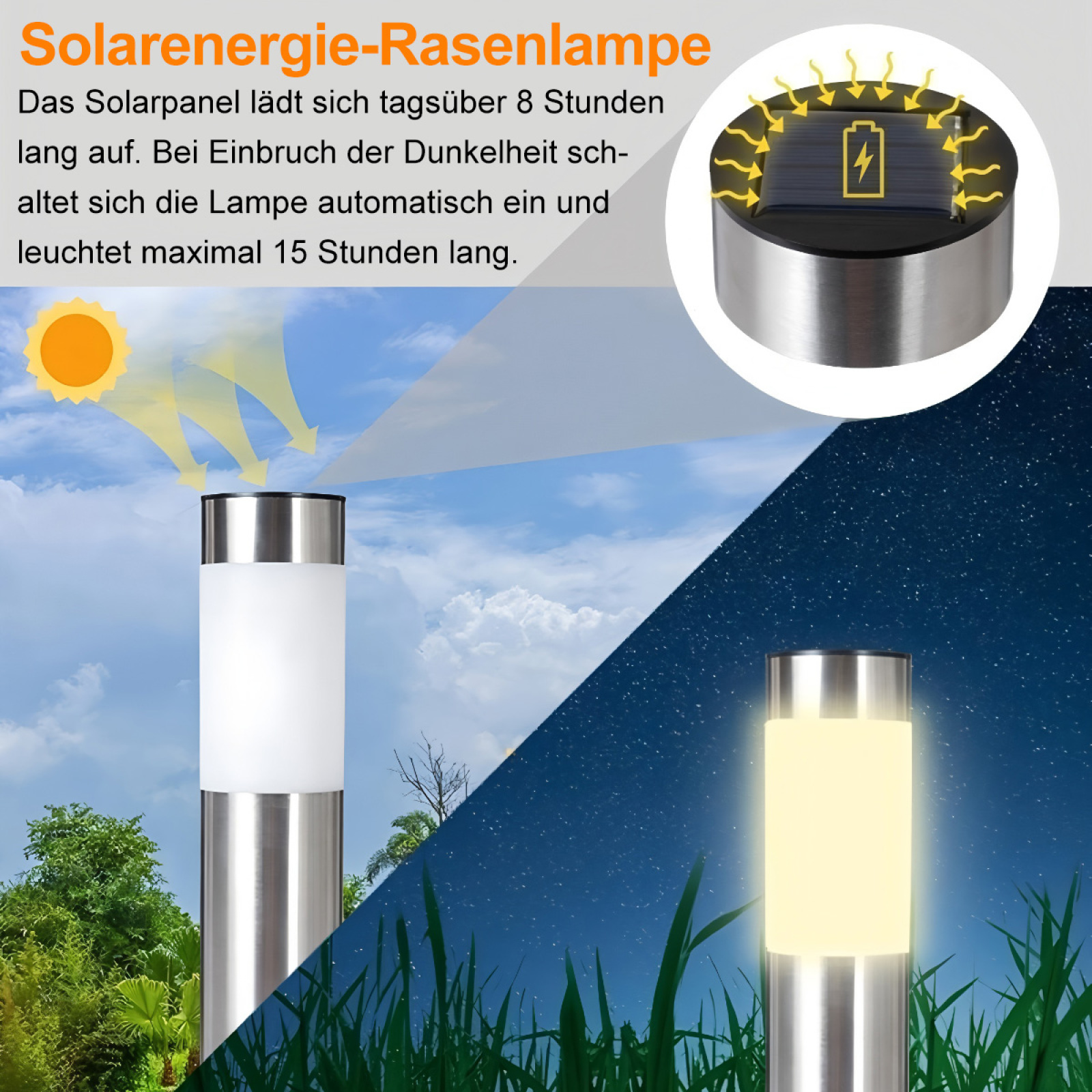 Solar-Rasenlampe. Tagesansicht zeigt Sonne, Himmel und Lampe. Nachtansicht zeigt beleuchtete Lampe, Gras und Sterne.
