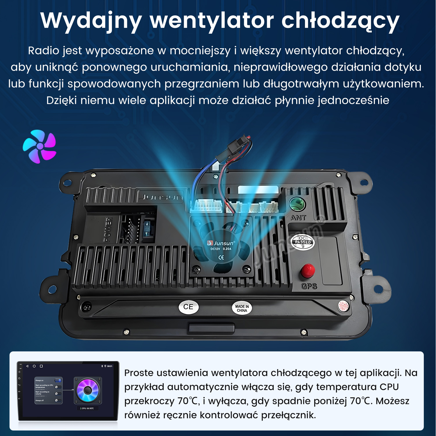 Radio samochodowe z wentylatorem chłodzącym. Wentylator jest na środku. Ekran pokazuje ustawienia, tekst jest po polsku.