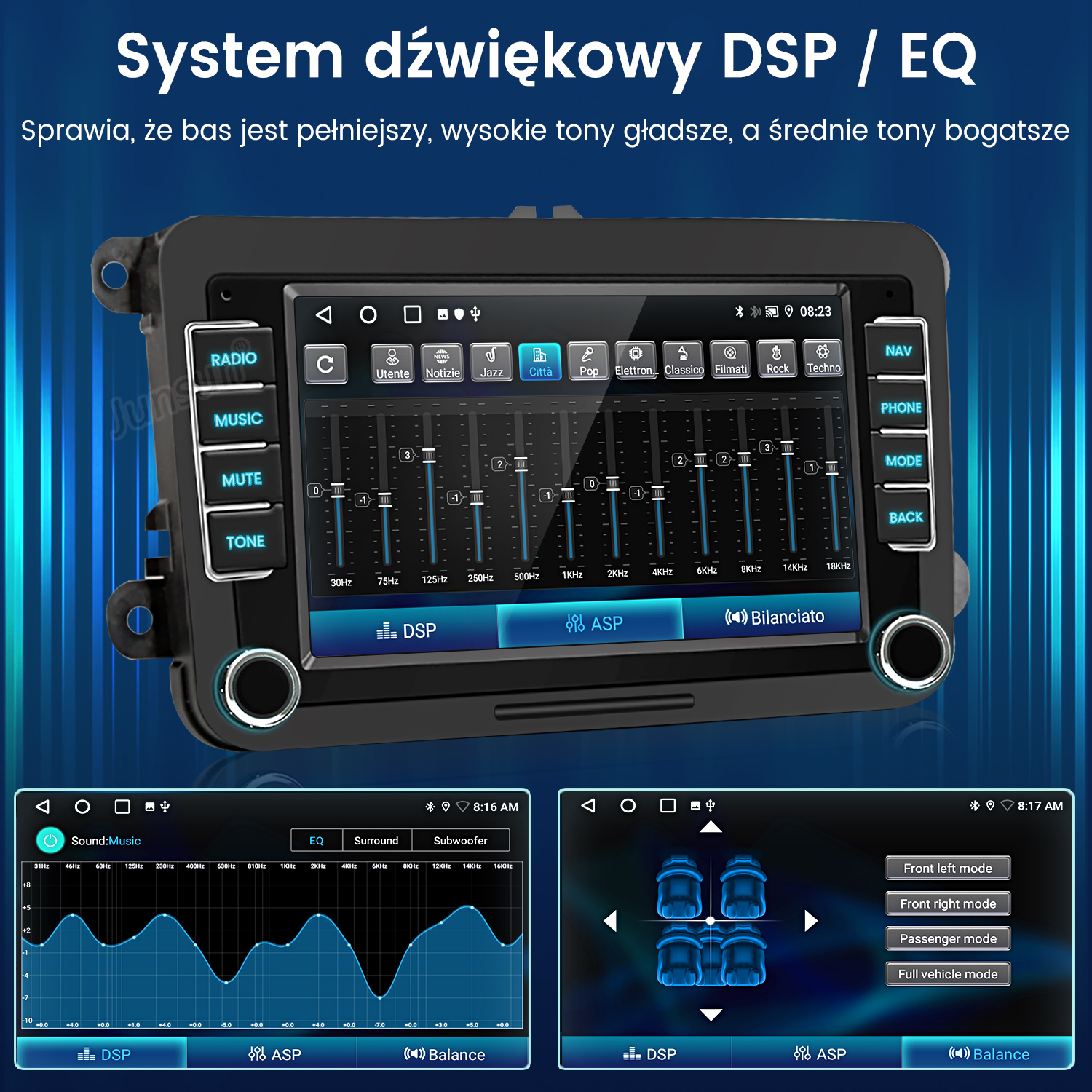 Ekran multimedialny samochodu z ustawieniami audio, korektorem i trybami dźwięku. Tekst po polsku i włosku.