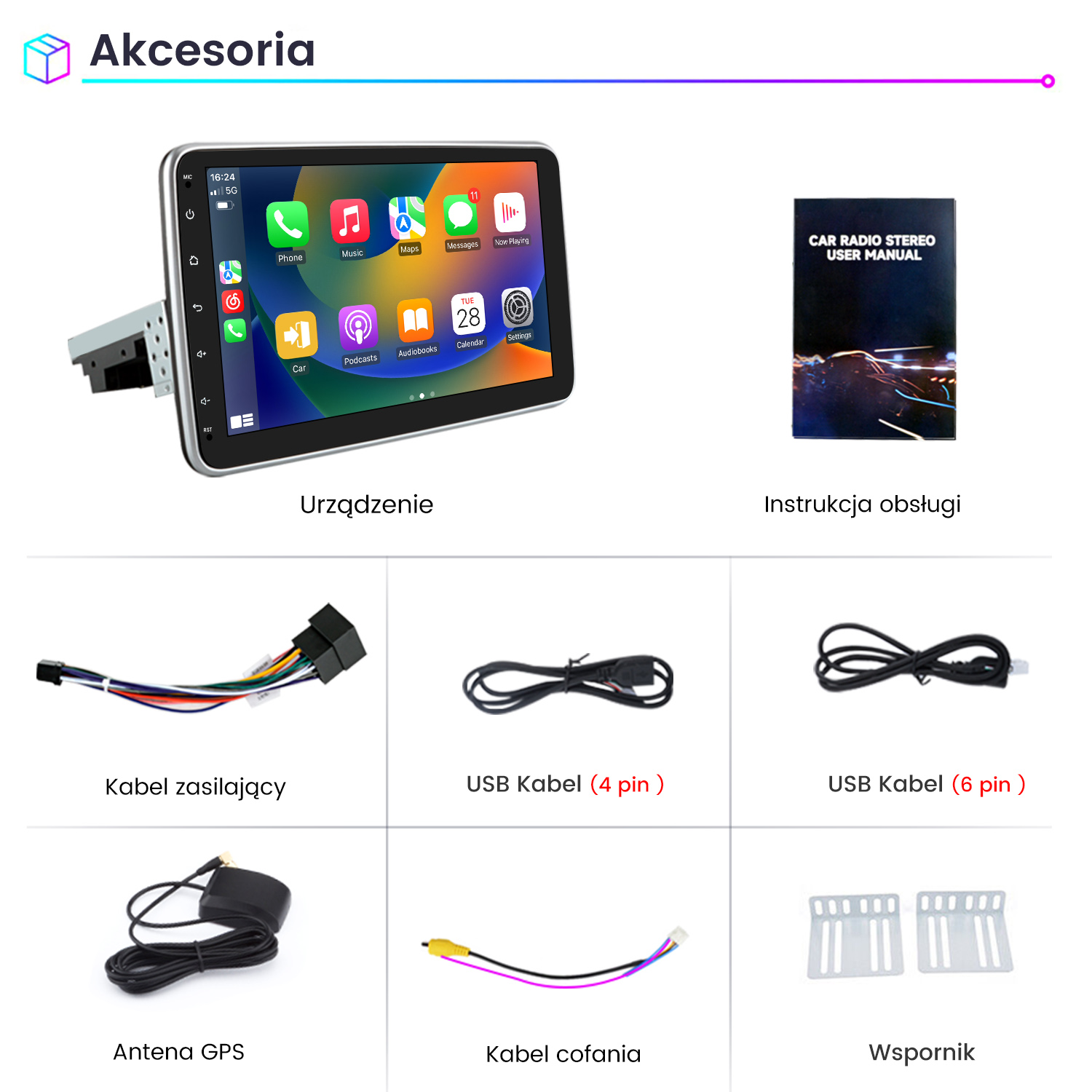 Obraz przedstawia akcesoria do radia samochodowego: ekran radia, instrukcję obsługi, kable, antenę GPS i wsporniki.