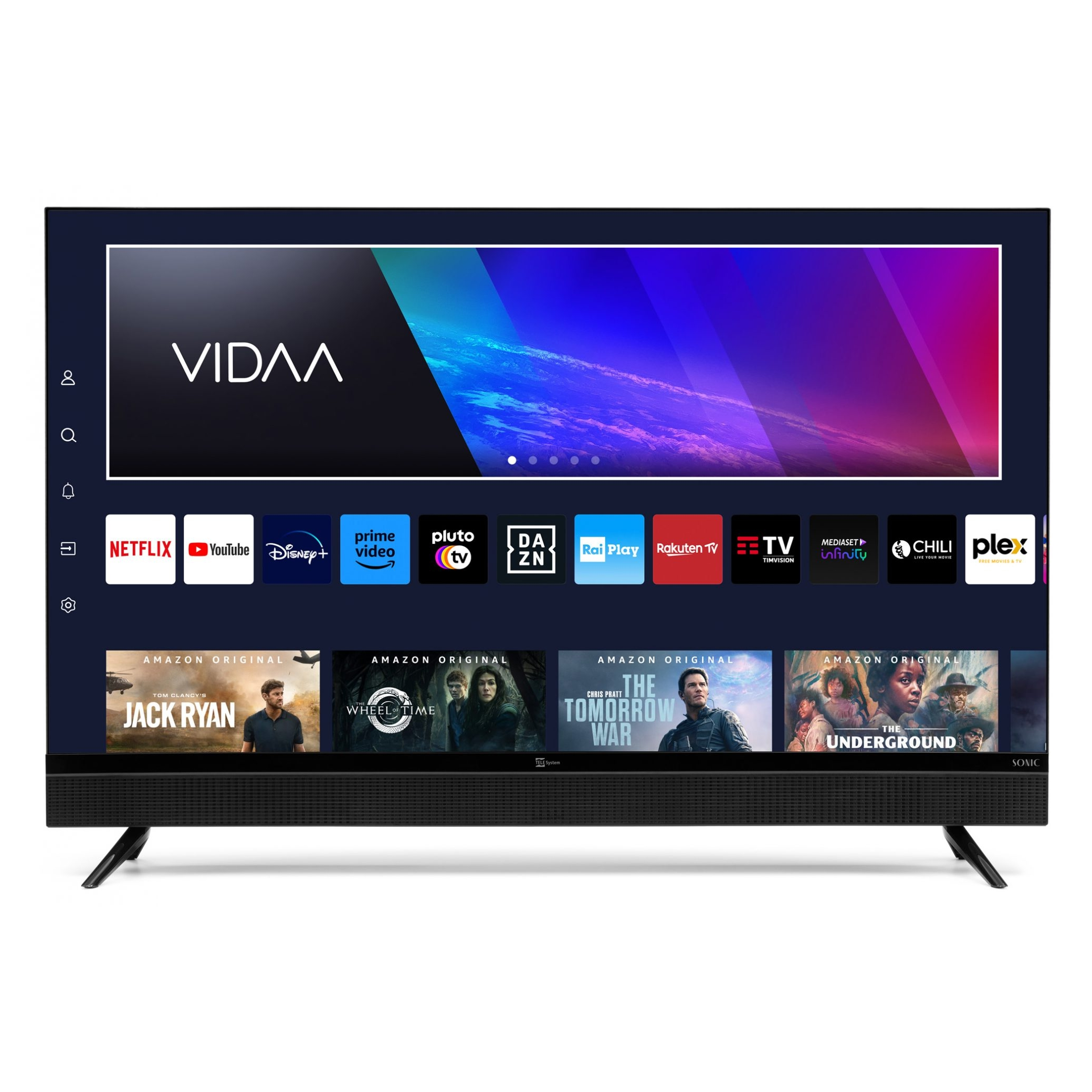 Telewizor z płaskim ekranem wyświetla usługi strumieniowania i aplikacje. Ekran pokazuje logo VIDAA i podglądy filmów/programów.