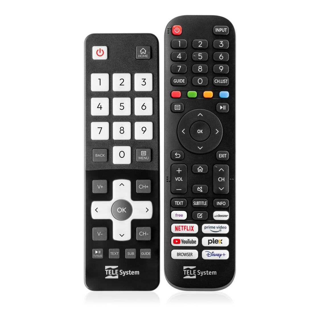 Dwa czarne piloty TELE System. Jeden ma przycisk zasilania, numery i przycisk home. Drugi ma przyciski nawigacyjne i aplikacji.