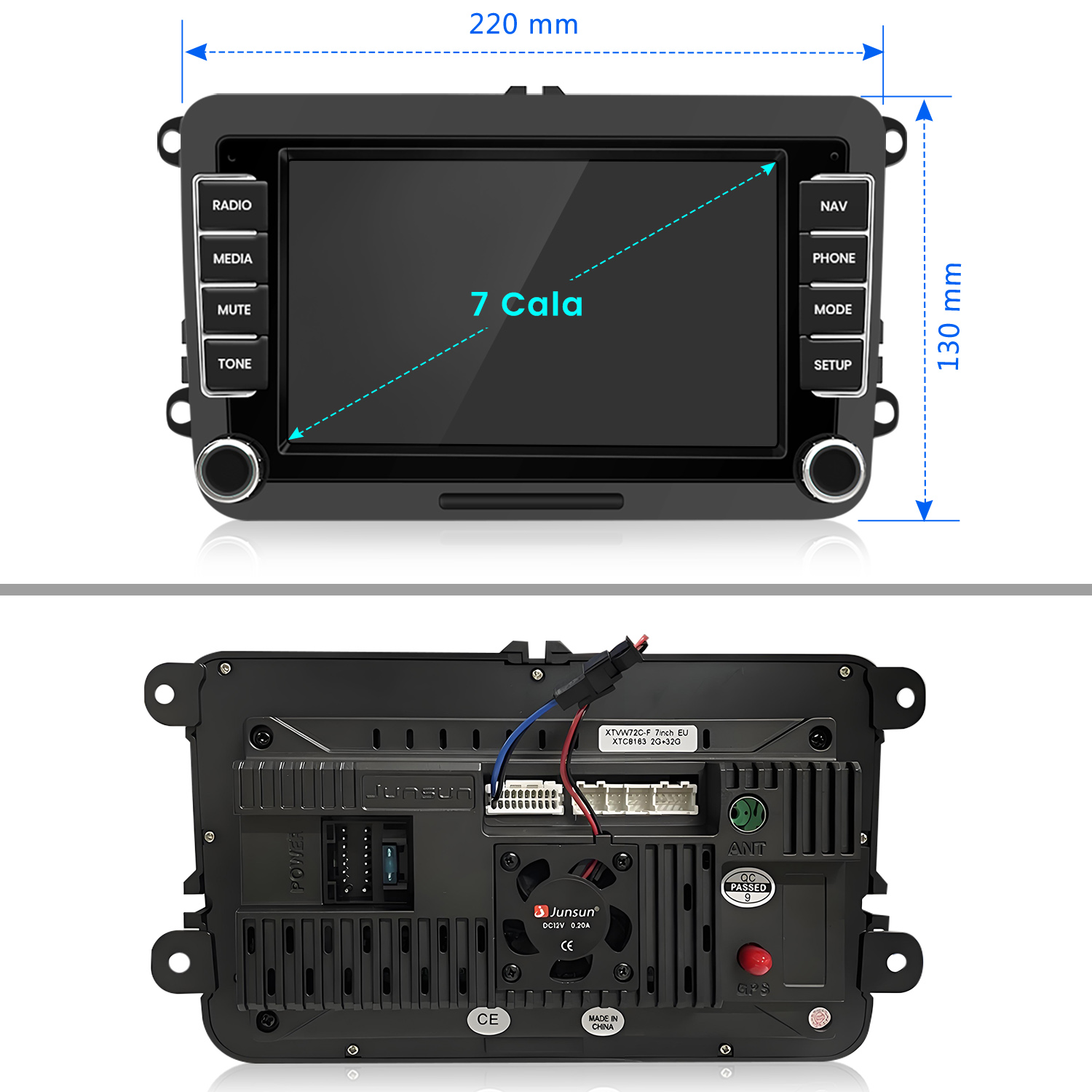 Radio samochodowe z ekranem, przyciskami i oznaczonymi wymiarami. Widoki z przodu i z tyłu, z różnymi portami i wentylatorem.