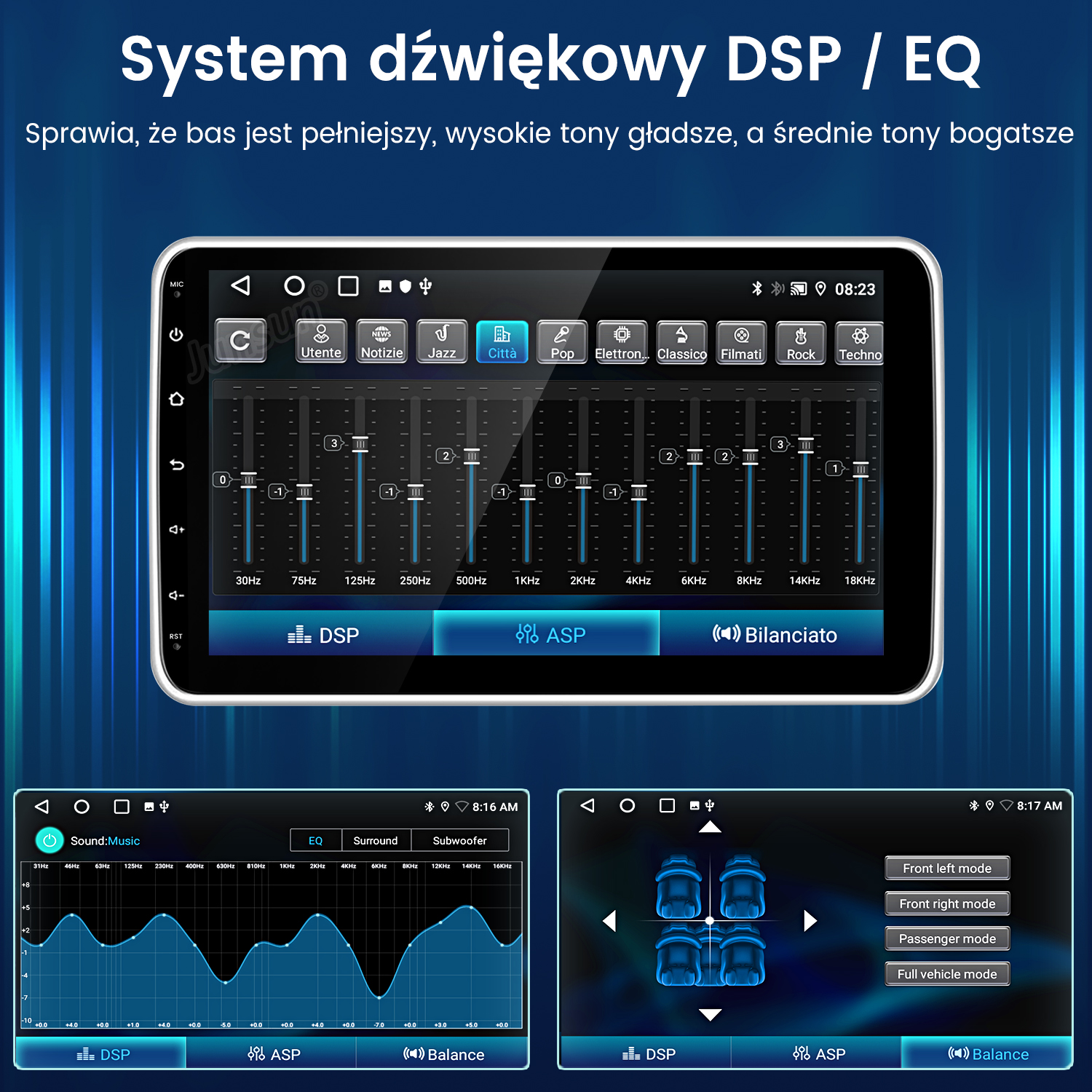 Interfejs systemu audio w samochodzie z ustawieniami korektora, balansu dźwięku i sterowaniem trybem głośników na ekranie dotykowym.