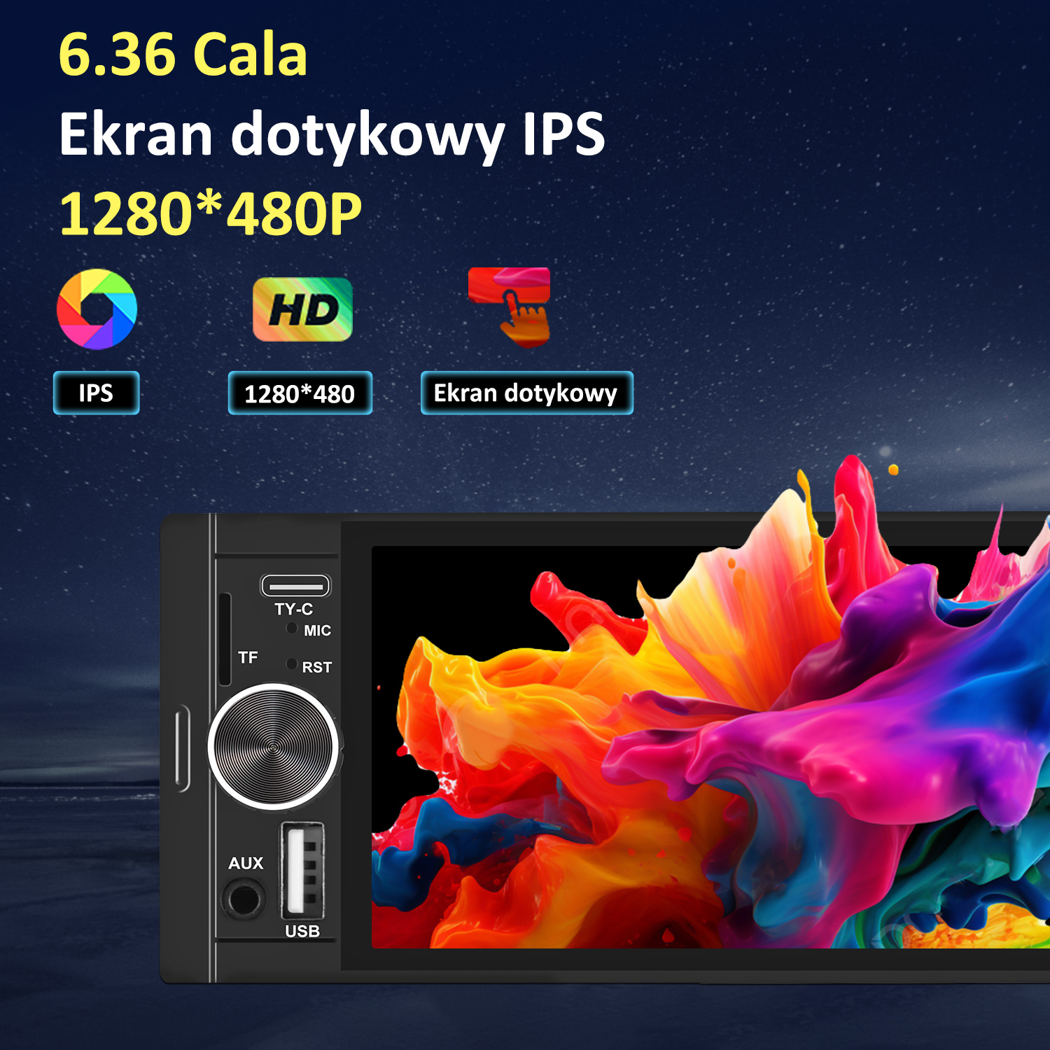 Radio samochodowe z kolorowym, abstrakcyjnym wzorem na ekranie. U góry napis '6.36 Cala Ekran dotykowy IPS 1280*480P'.