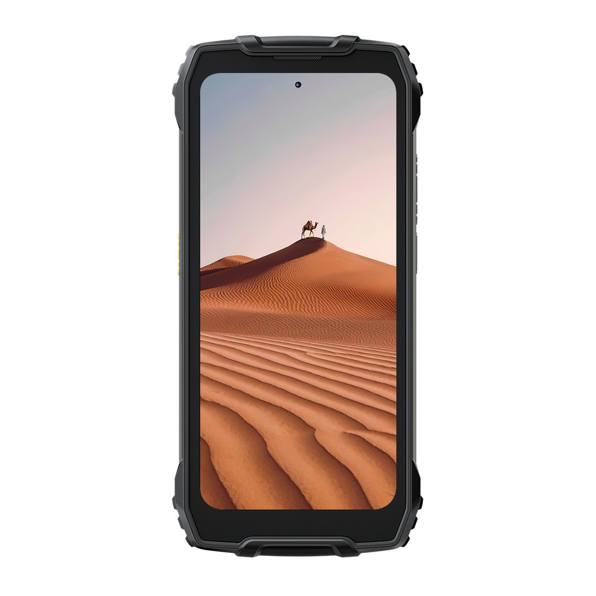 Wytrzymały smartfon wyświetla pustynną scenę z wielbłądem i postaciami na wydmie. Telefon ma czarną ramkę.