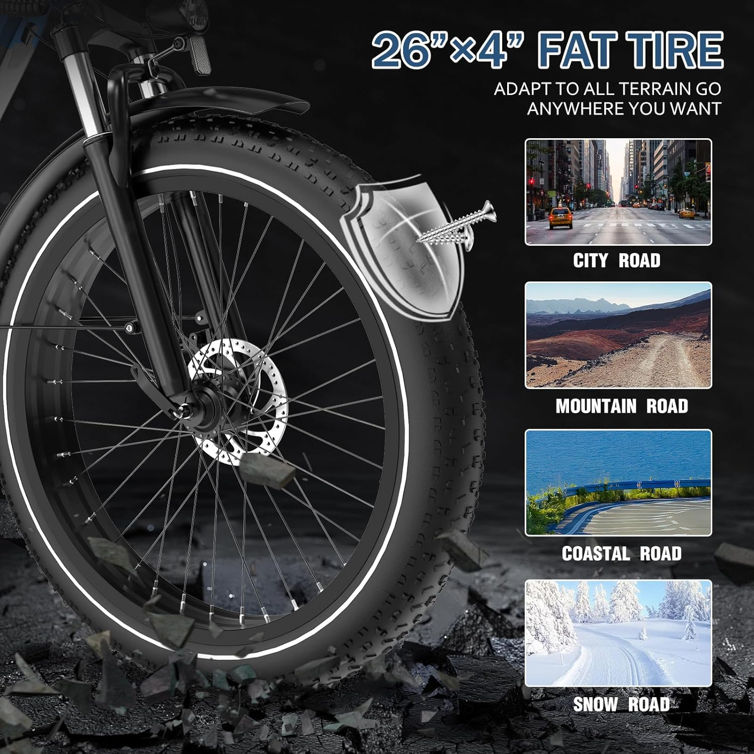 Opona rowerowa dominuje widok. Tekst powyżej brzmi '26x4 FAT TIRE'. Obrazy pokazują drogi miejskie, górskie, nadmorskie i śnieżne.