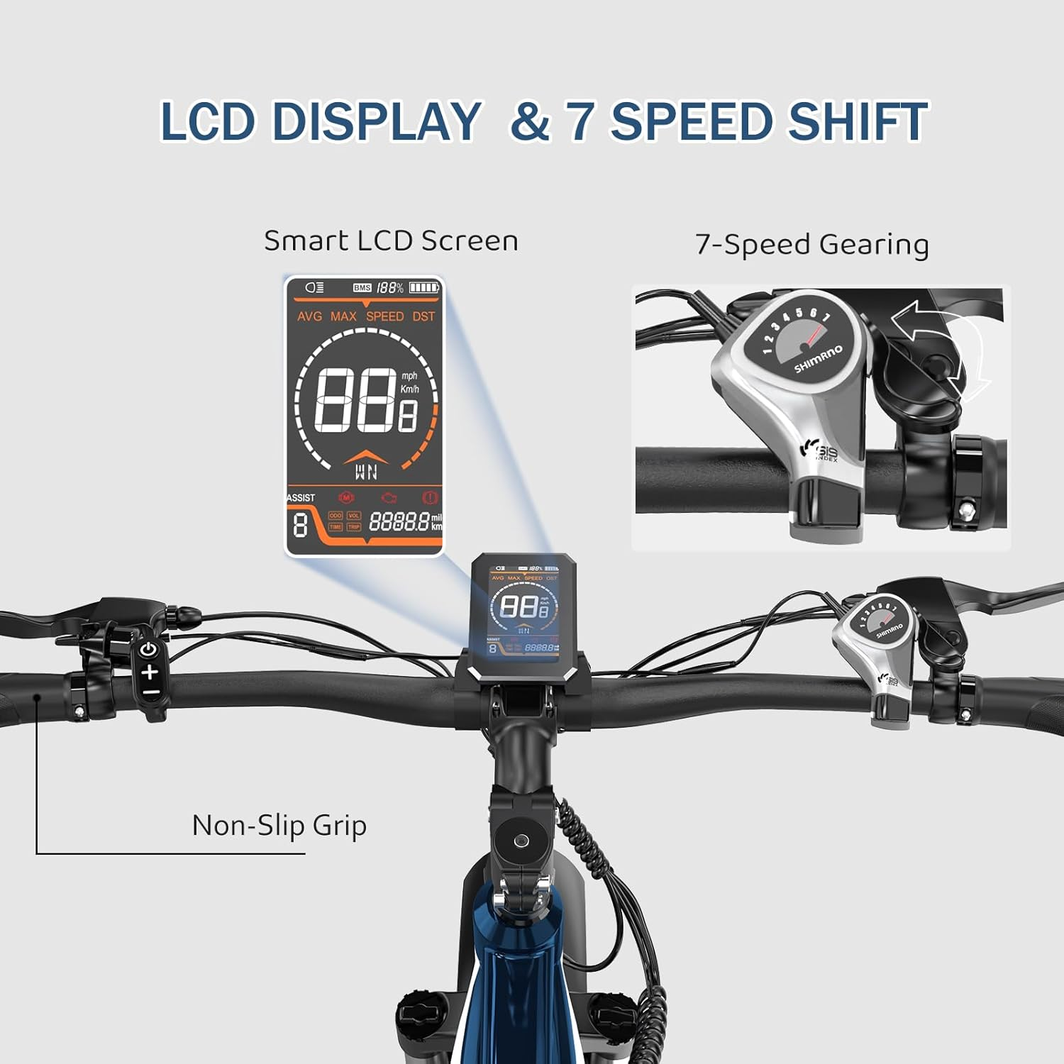 Szczegół kierownicy roweru elektrycznego. Ekran LCD pokazuje prędkość i baterię. Widoczna przerzutka 7-biegowa. Uchwyty antypoślizgowe i elementy sterujące.