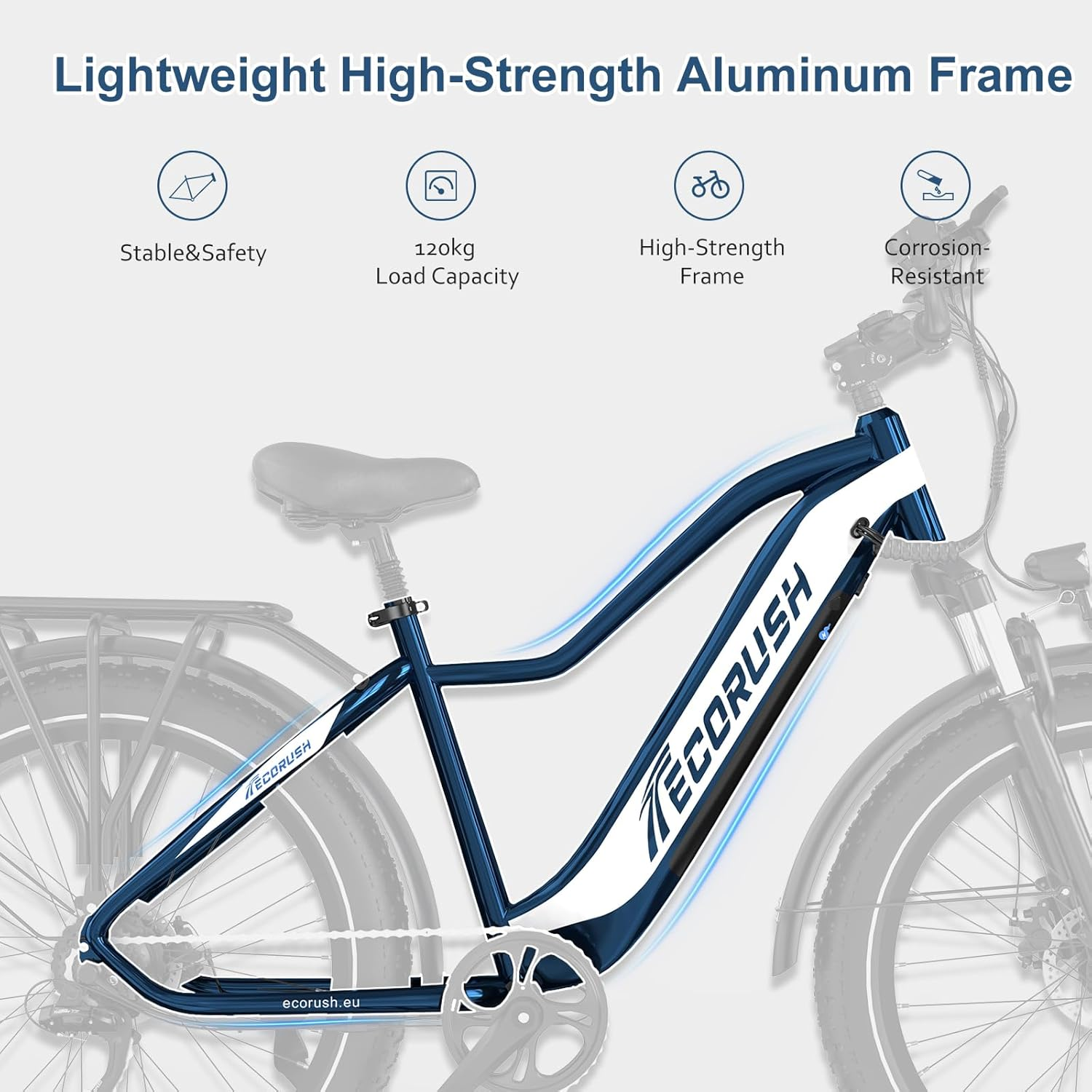 Niebiesko-biały rower elektryczny. Obraz przedstawia ramę, koła i komponenty. Tekst podkreśla cechy takie jak lekka i wysoka wytrzymałość.