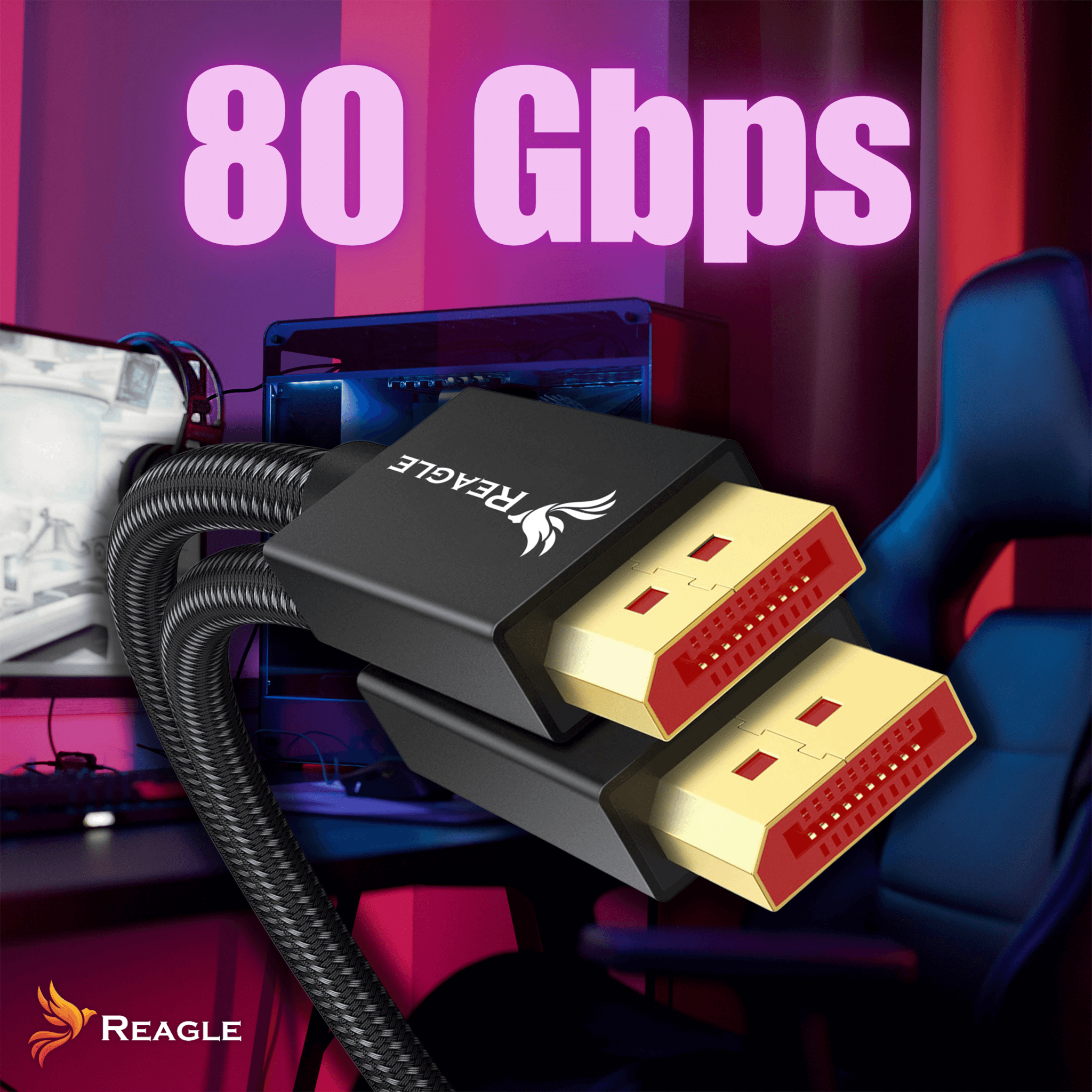 Czarny kabel Reagle ze złotymi i czerwonymi złączami. Tekst 80 Gbps. Komputer i krzesło w tle.