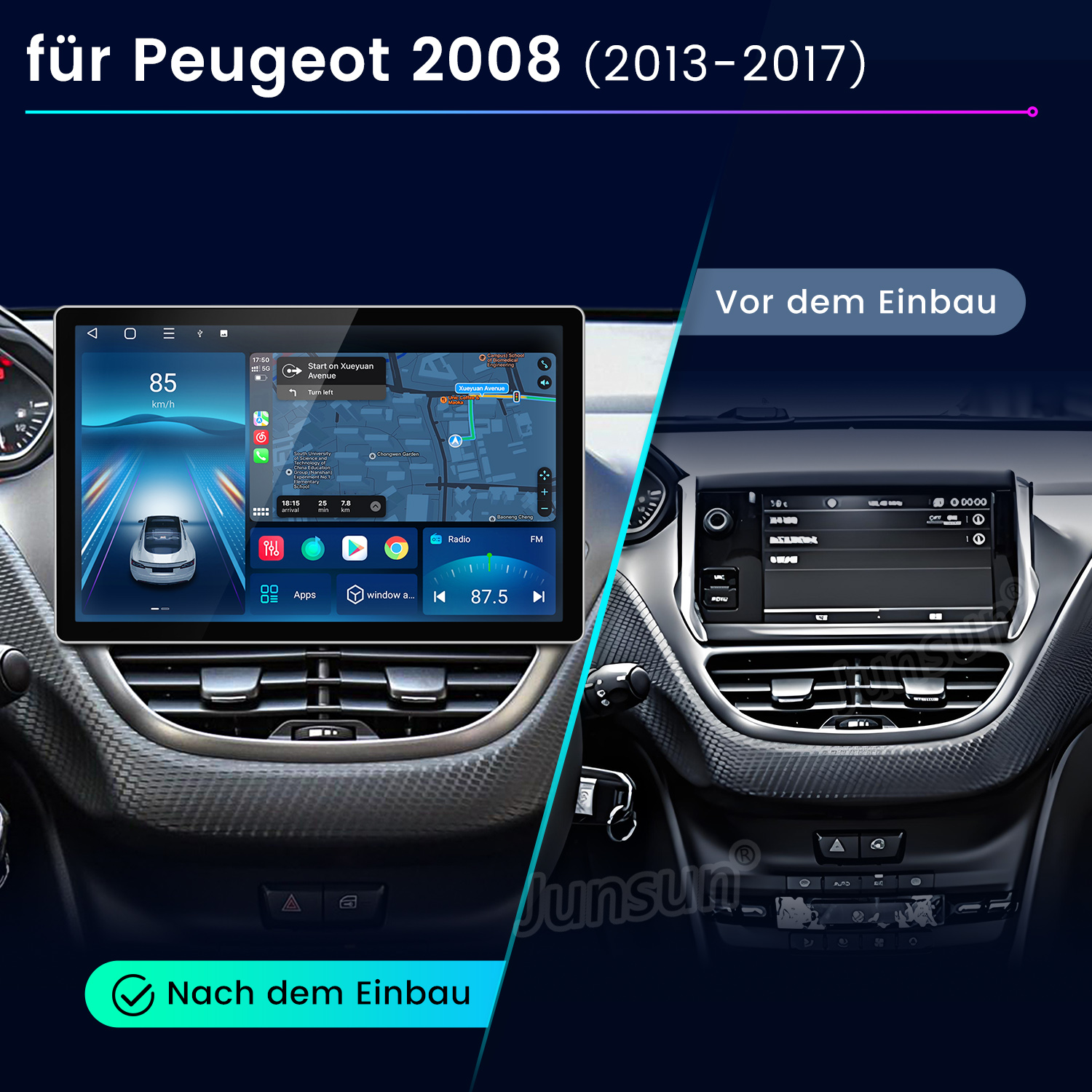 Auto-Armaturenbrett mit neuem Bildschirm links, der Navigation zeigt. Altes Radio rechts. Text: 'Nach dem Einbau'.