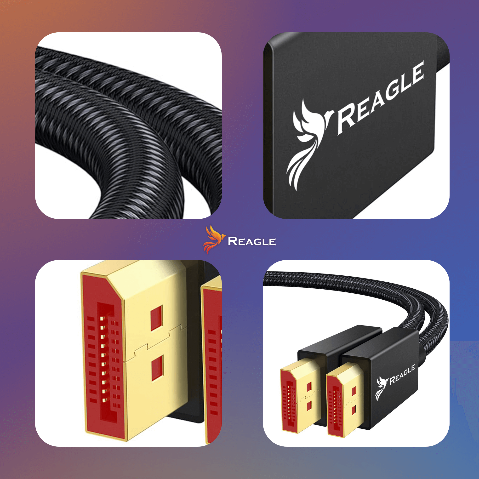 Obrazek przedstawia kabel Reagle DisplayPort. Ma czarny pleciony kabel i złote złącza z czerwonym wnętrzem.
