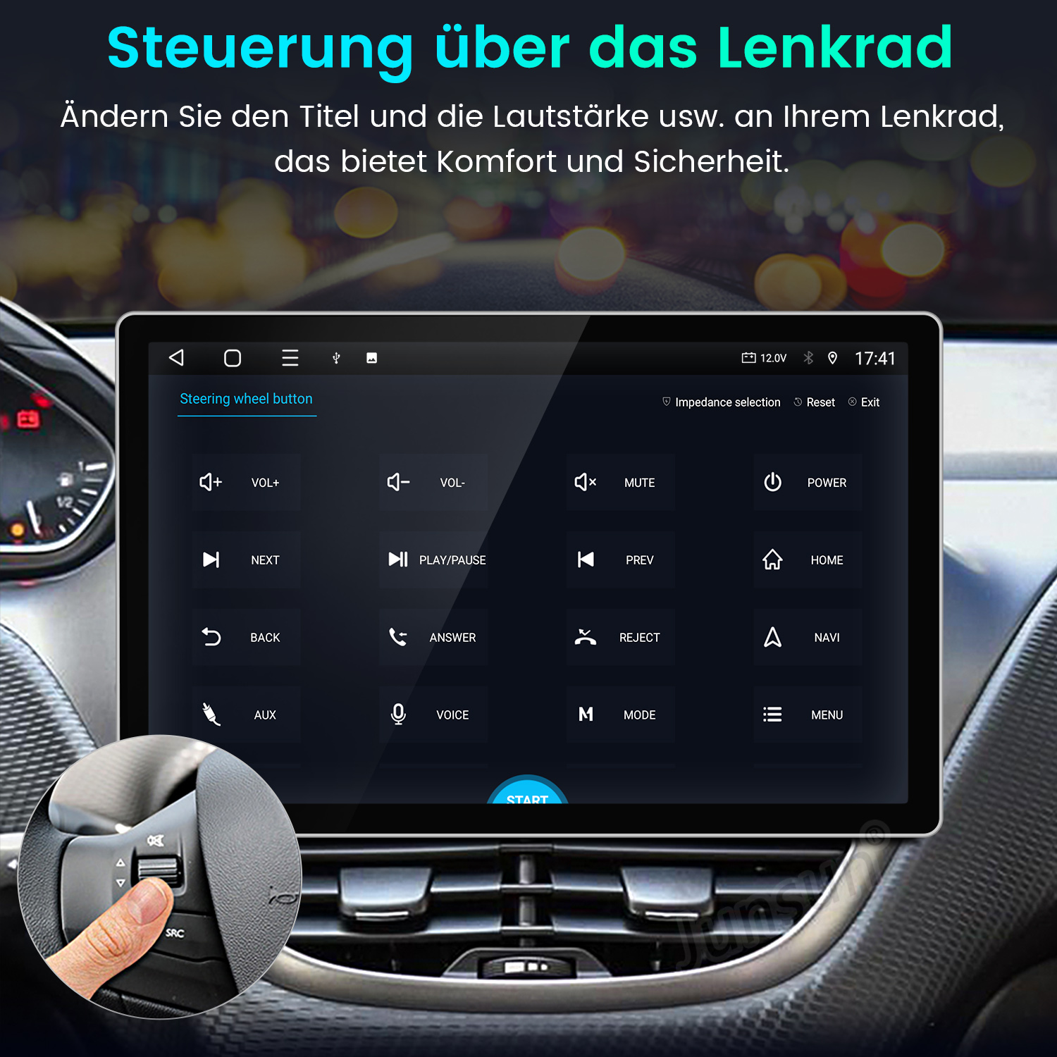Autoinstrumententafel mit Steuerung für Lenkrad. Eine Hand drückt eine Taste am Lenkrad. Bildschirm zeigt Lautstärke- und Medienoptionen.