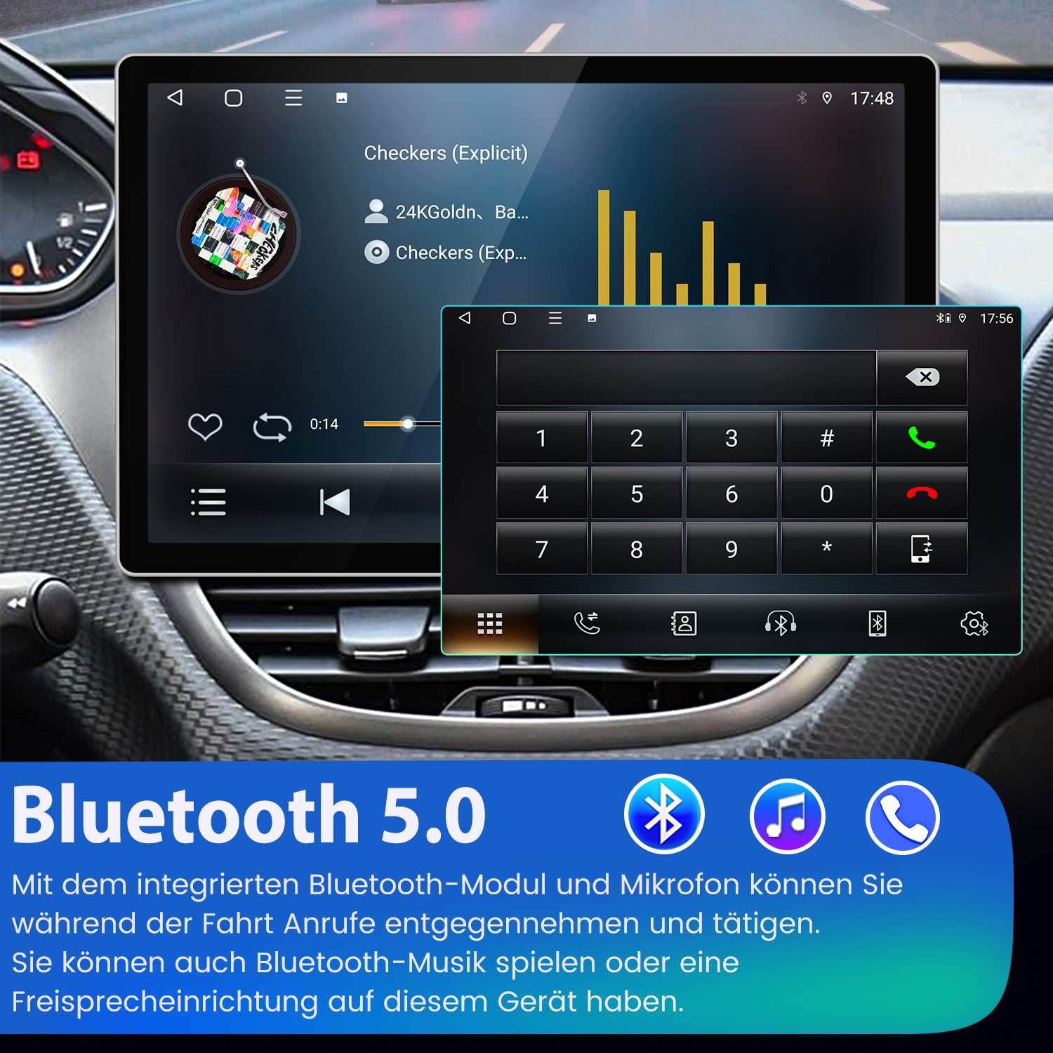 Auto-Infotainmentsystem zeigt Musik und ein Ziffernfeld. Verfügt über Bluetooth 5.0 und eine Touchscreen-Oberfläche.
